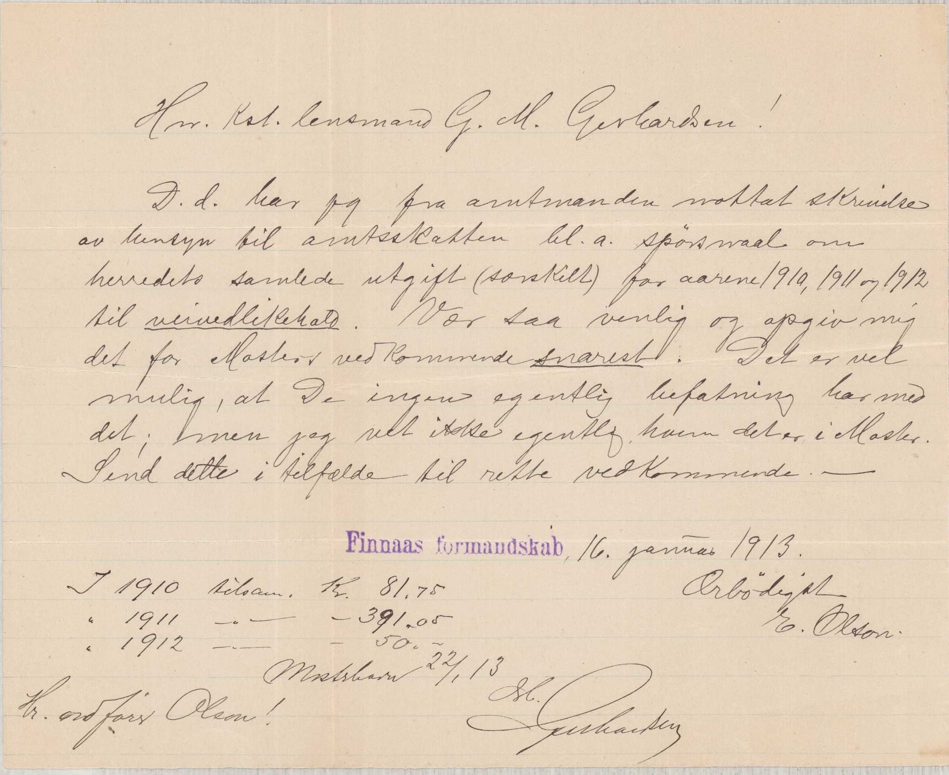 Finnaas kommune. Formannskapet, IKAH/1218a-021/D/Da/L0001/0012: Korrespondanse / saker / Kronologisk ordna korrespondanse , 1913, p. 19