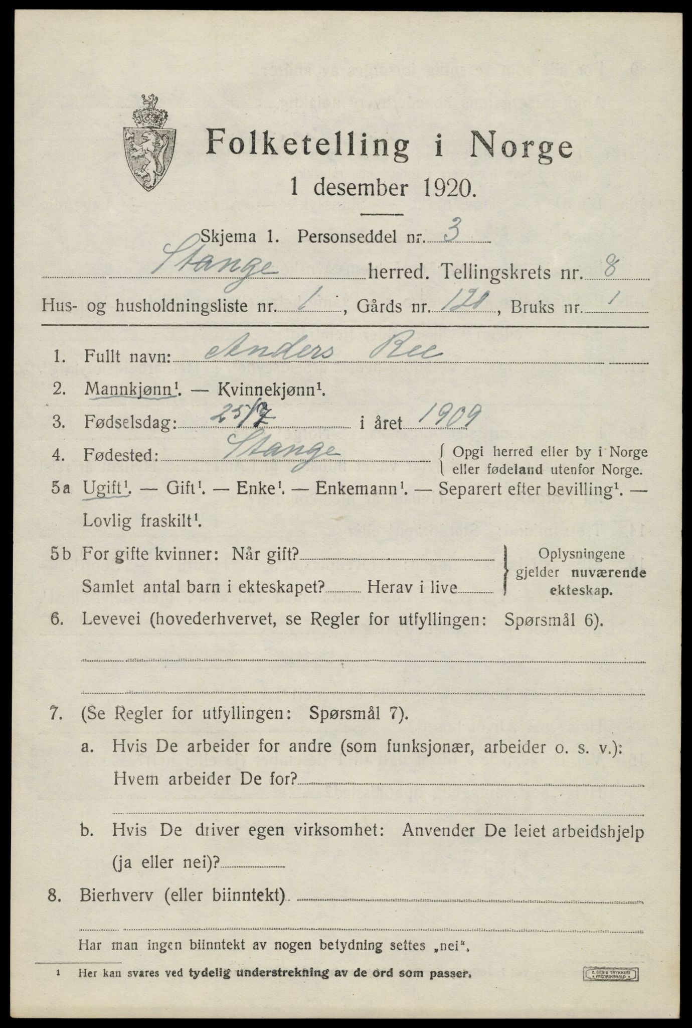 SAH, 1920 census for Stange, 1920, p. 13487