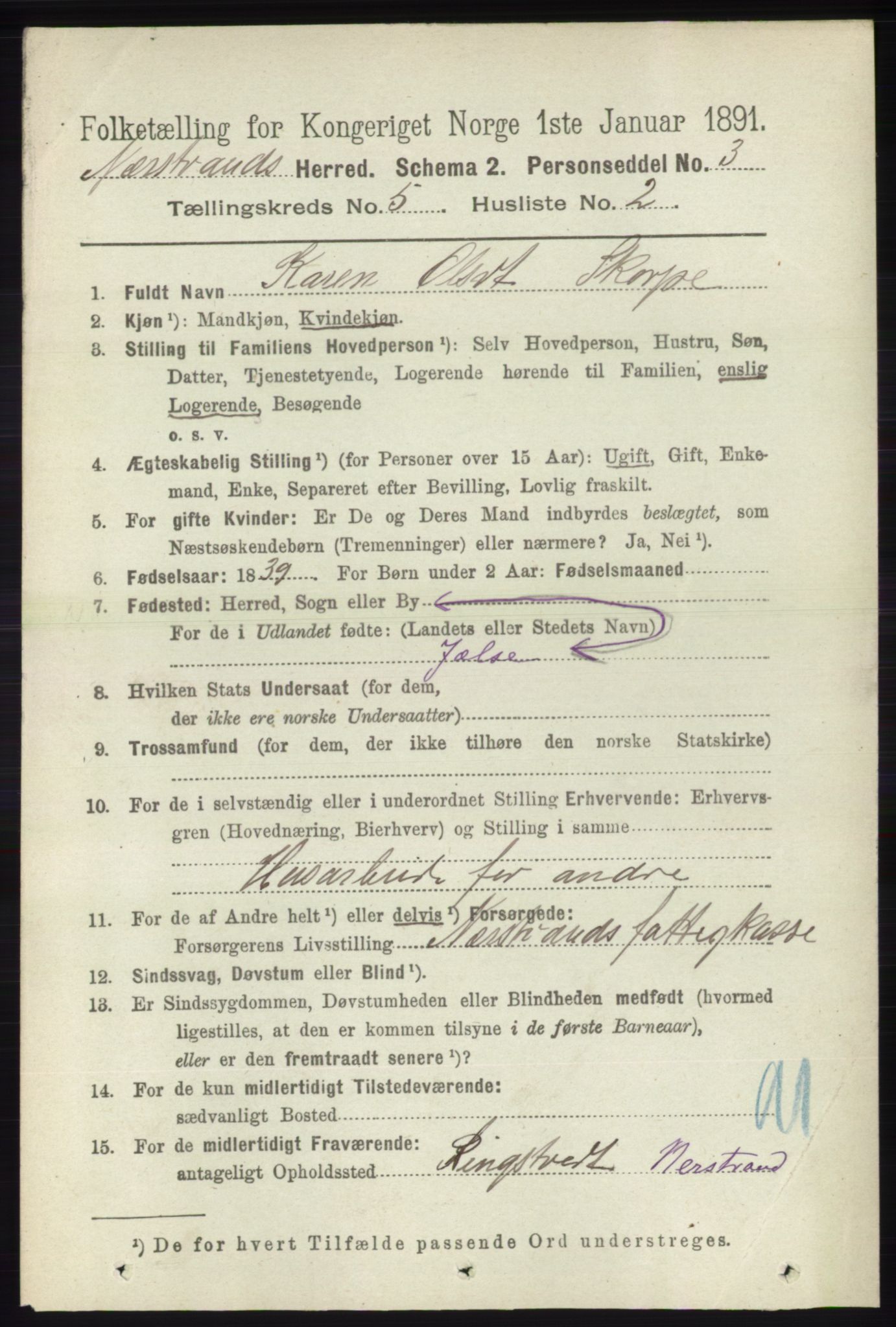 RA, 1891 census for 1139 Nedstrand, 1891, p. 803