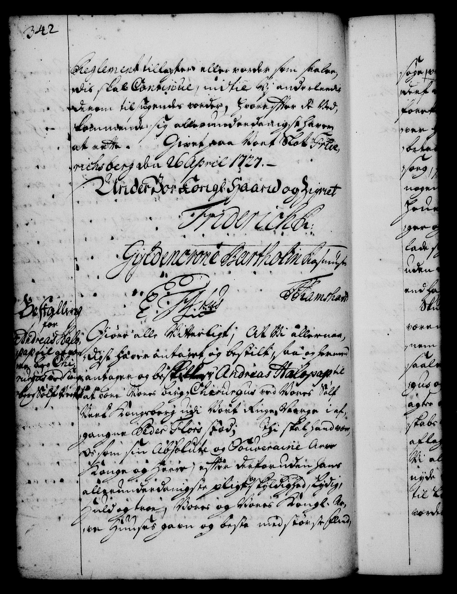 Rentekammeret, Kammerkanselliet, RA/EA-3111/G/Gg/Gge/L0001: Norsk bestallingsprotokoll med register (merket RK 53.25), 1720-1730, p. 342
