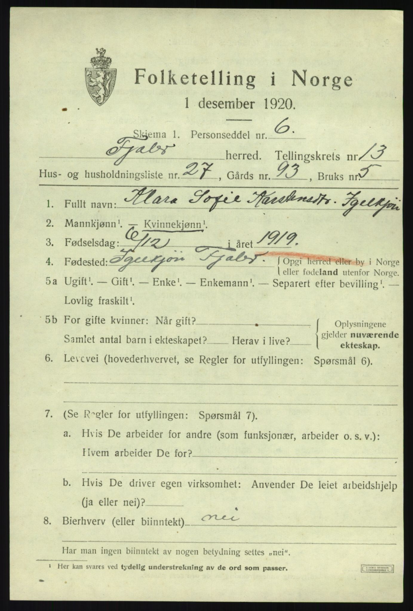SAB, 1920 census for Fjaler, 1920, p. 7521