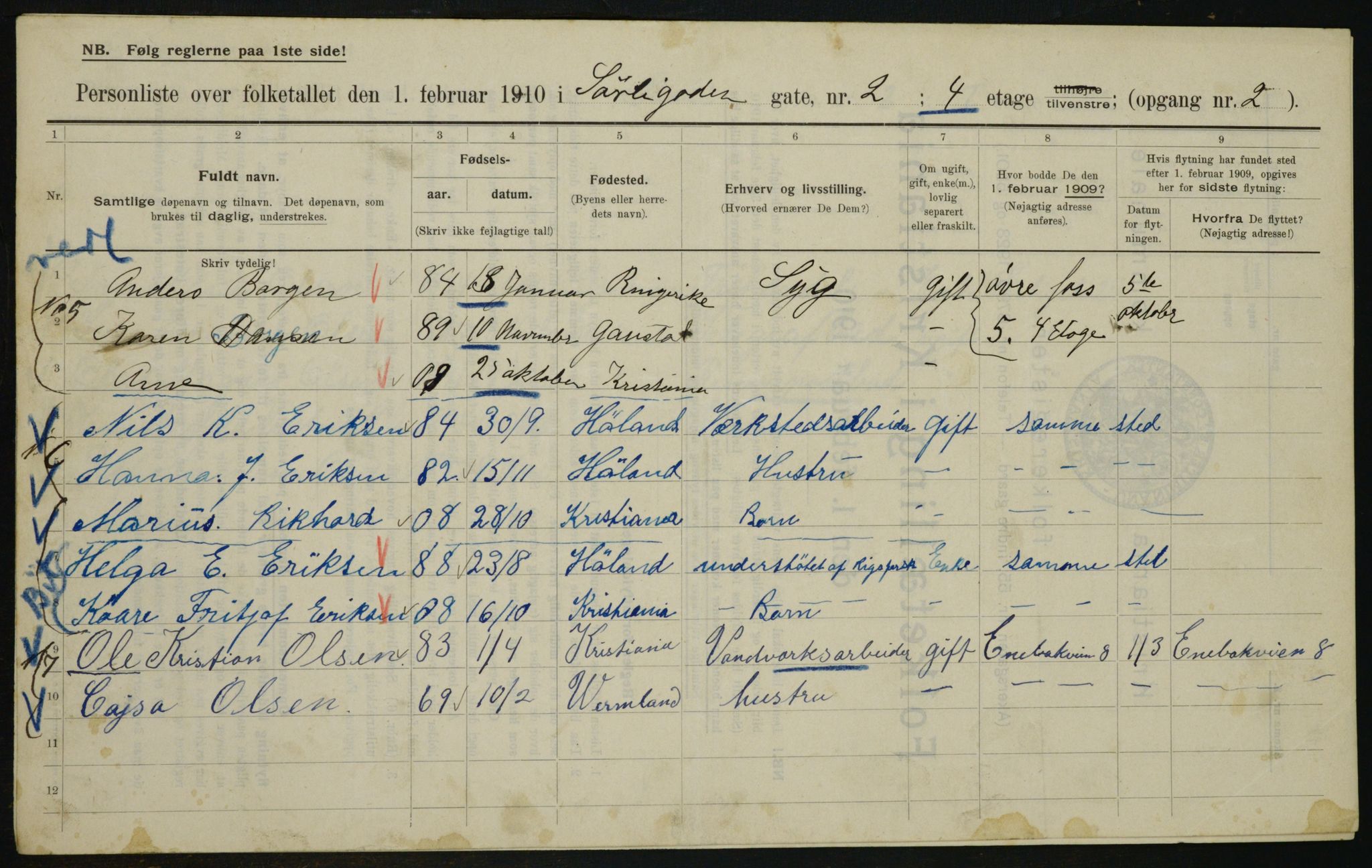 OBA, Municipal Census 1910 for Kristiania, 1910, p. 101067