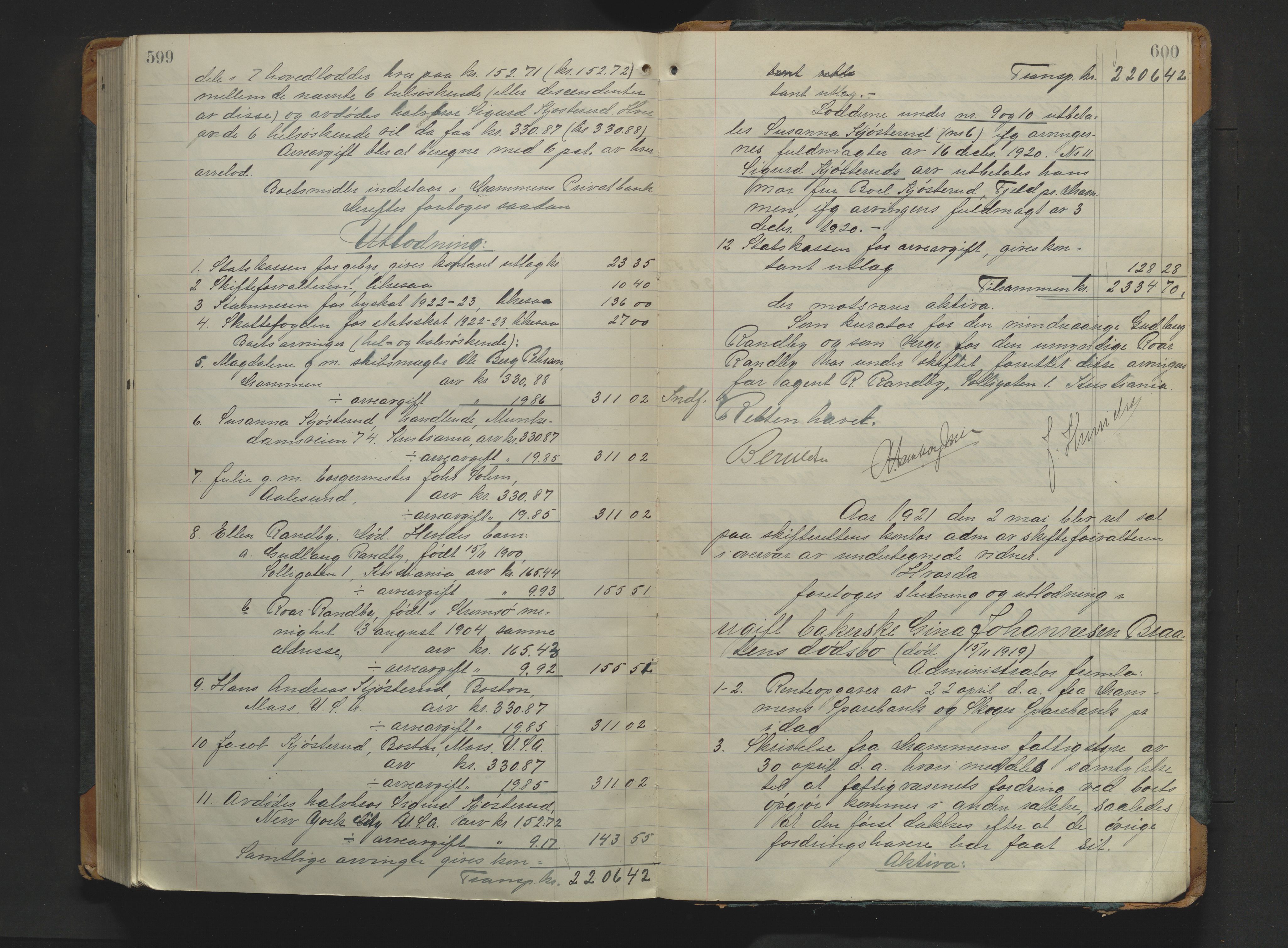 Drammen byfogd, AV/SAKO-A-222/H/Hb/Hbd/Hbda/L0011: Skifteutlodningsprotokoll., 1916-1921, p. 599-600
