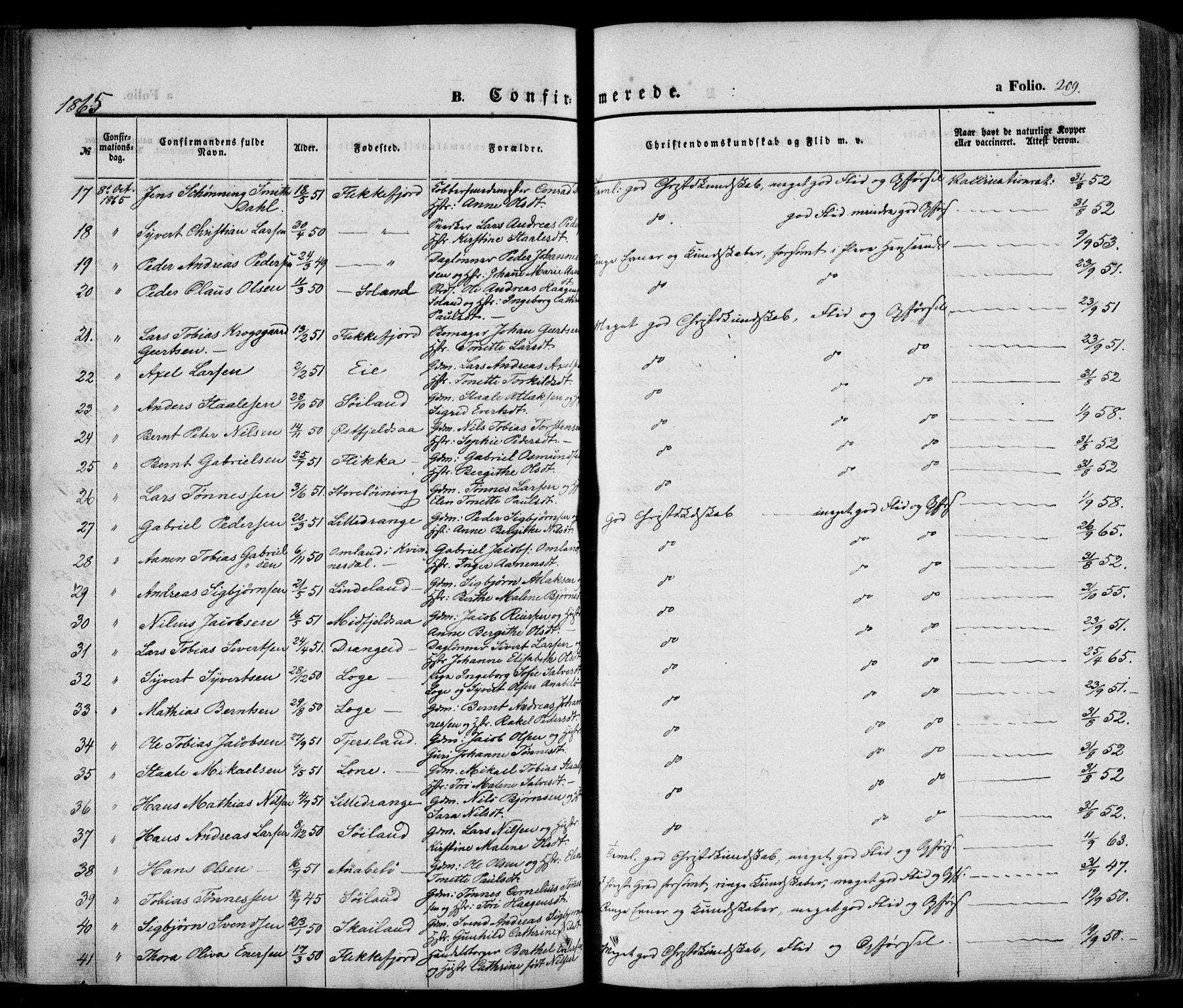 Flekkefjord sokneprestkontor, AV/SAK-1111-0012/F/Fa/Fac/L0005: Parish register (official) no. A 5, 1849-1875, p. 209