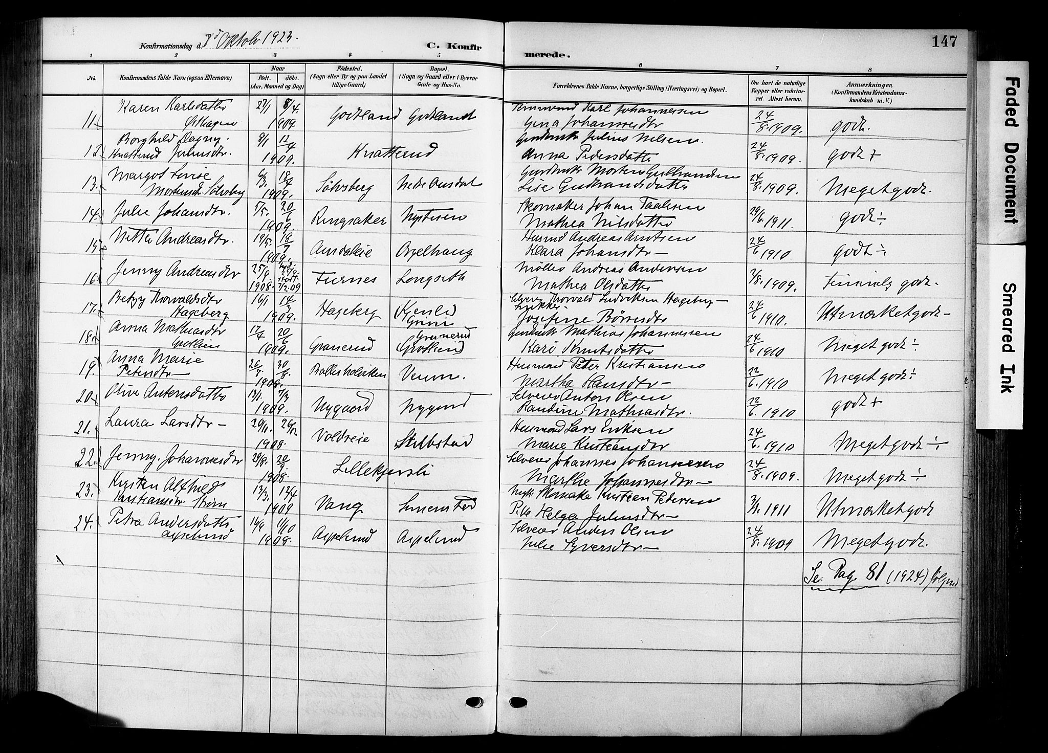 Nes prestekontor, Hedmark, AV/SAH-PREST-020/K/Ka/L0014: Parish register (official) no. 14, 1906-1929, p. 147