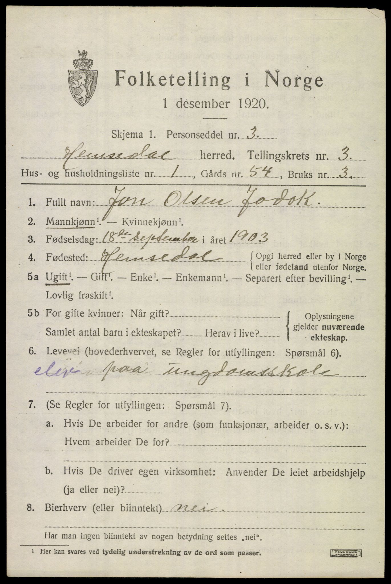 SAKO, 1920 census for Hemsedal, 1920, p. 990