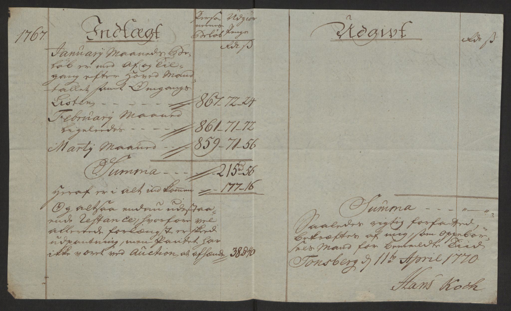 Rentekammeret inntil 1814, Reviderte regnskaper, Byregnskaper, RA/EA-4066/R/Rh/L0162/0001: [H4] Kontribusjonsregnskap / Ekstraskatt, Tønsberg, 1762-1772, p. 293