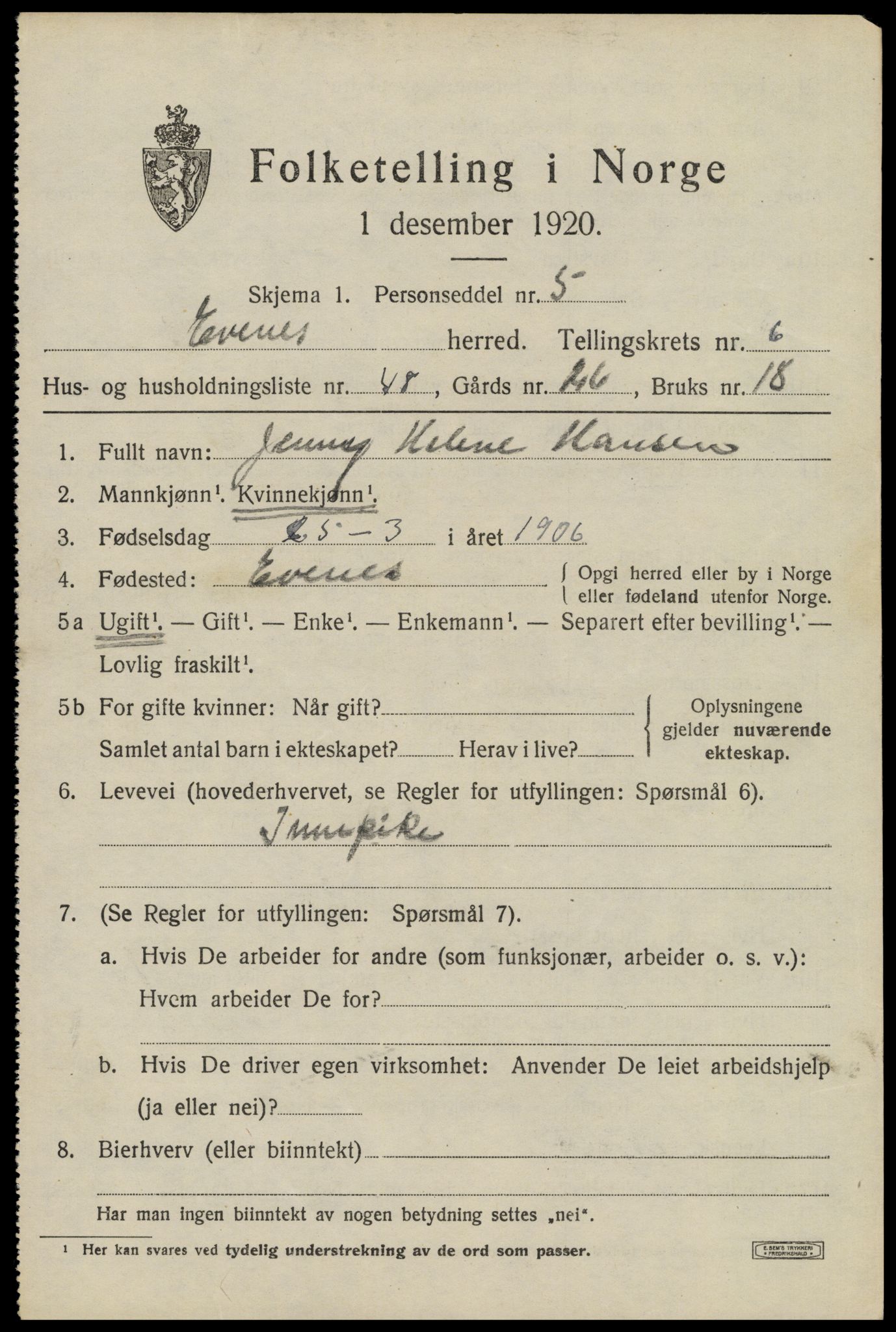 SAT, 1920 census for Evenes, 1920, p. 6114