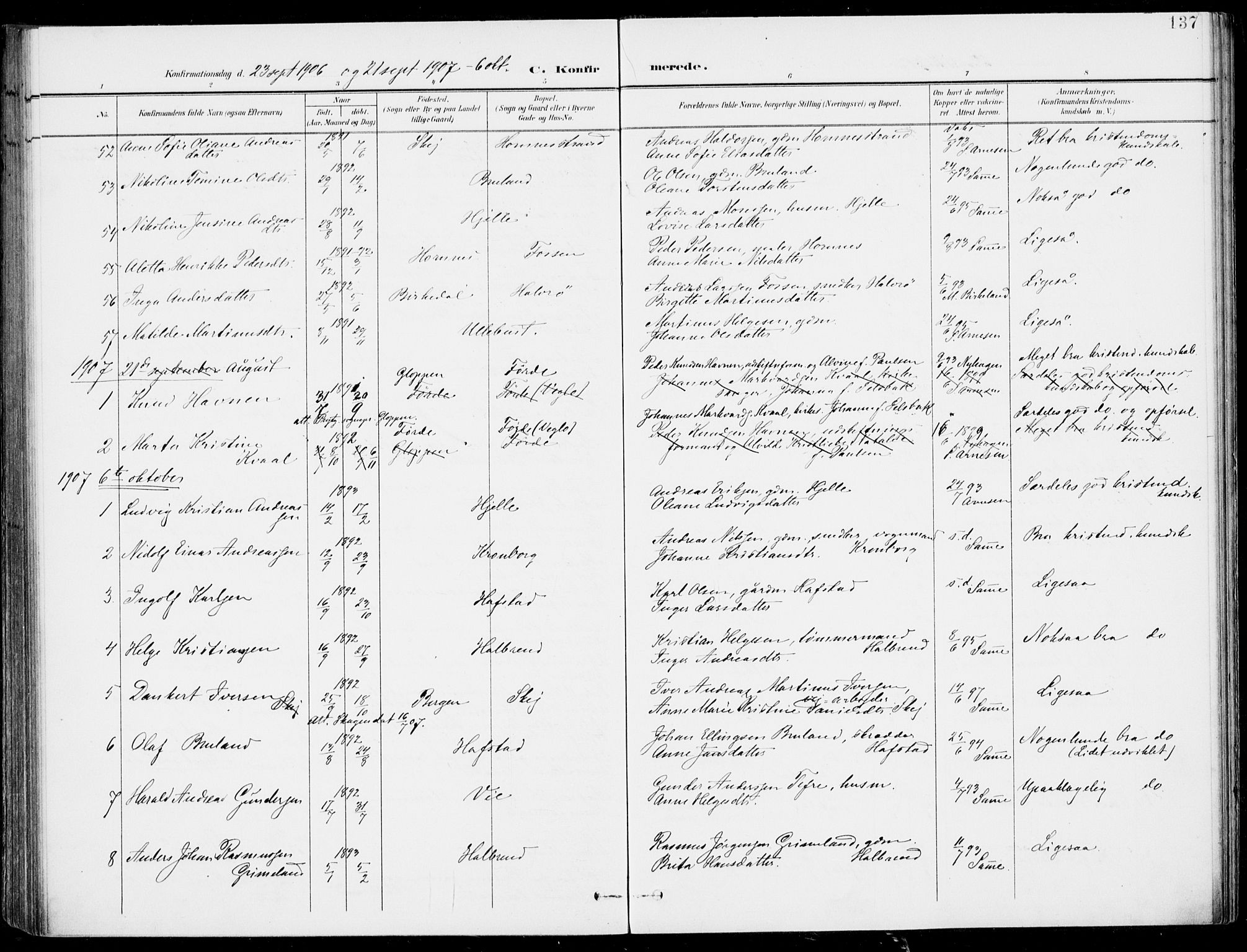 Førde sokneprestembete, AV/SAB-A-79901/H/Haa/Haab/L0002: Parish register (official) no. B  2, 1899-1920, p. 137