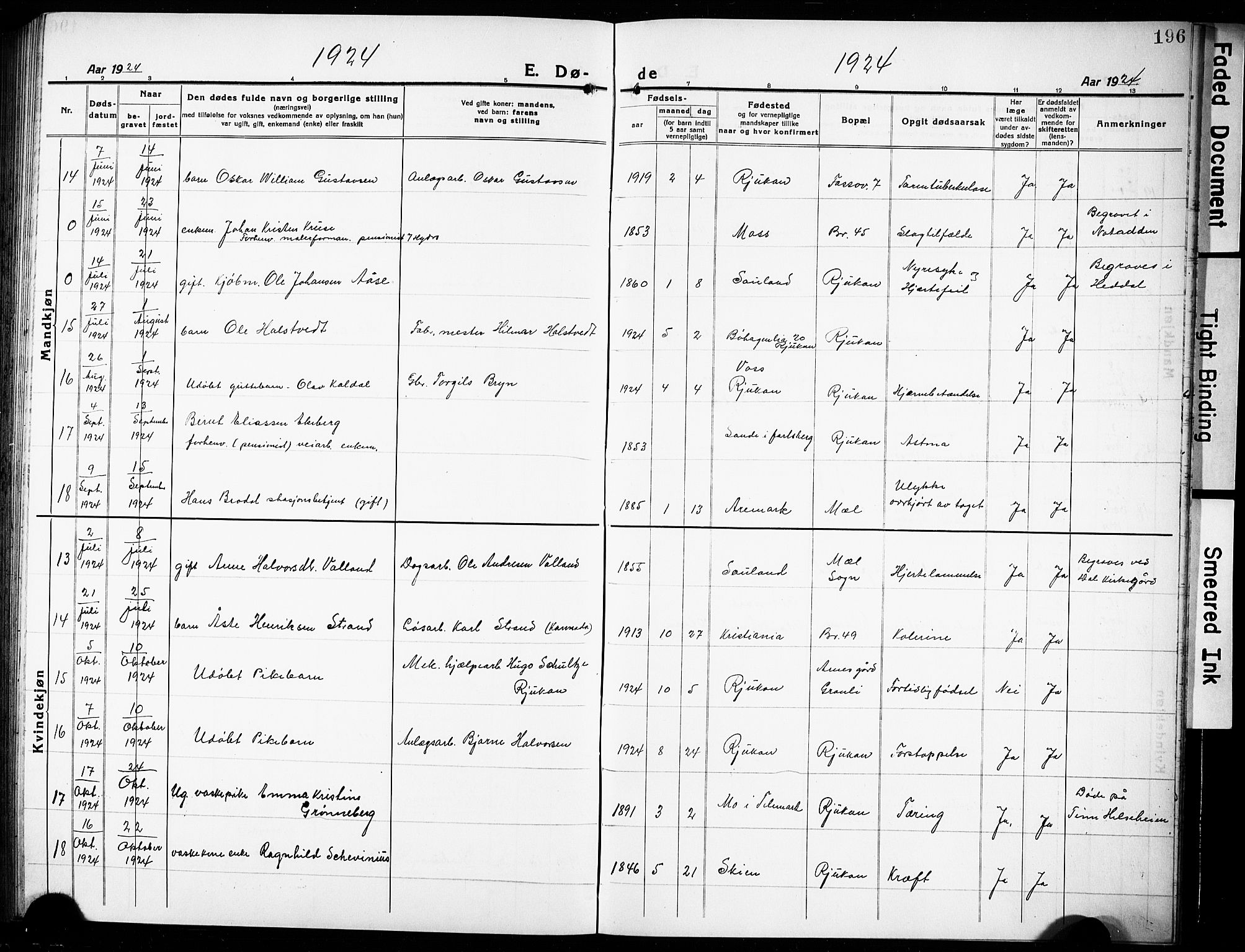 Rjukan kirkebøker, AV/SAKO-A-294/G/Ga/L0003: Parish register (copy) no. 3, 1920-1928, p. 196