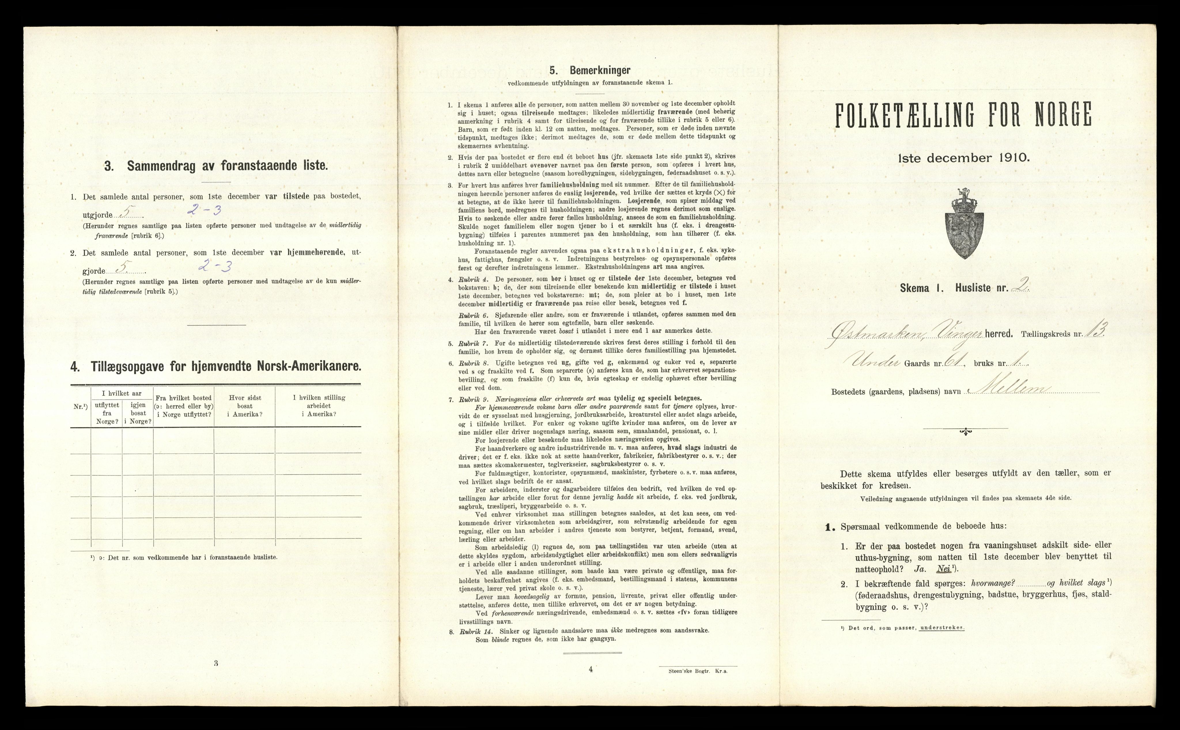 RA, 1910 census for Vinger, 1910, p. 1501