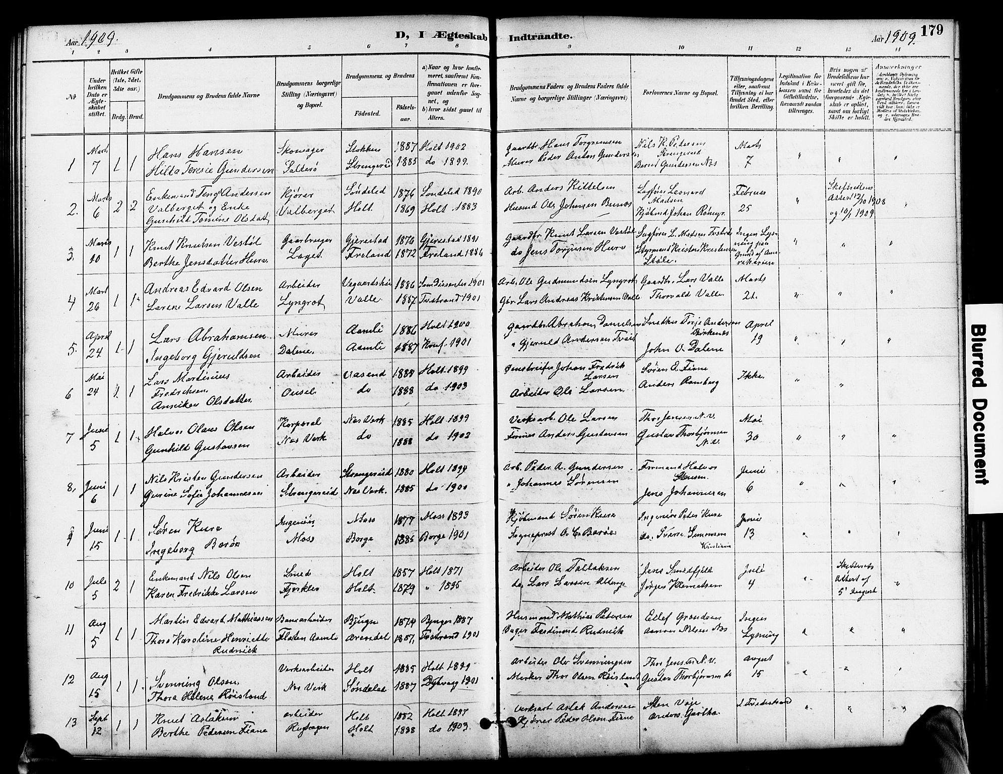 Holt sokneprestkontor, SAK/1111-0021/F/Fb/L0011: Parish register (copy) no. B 11, 1897-1921, p. 179