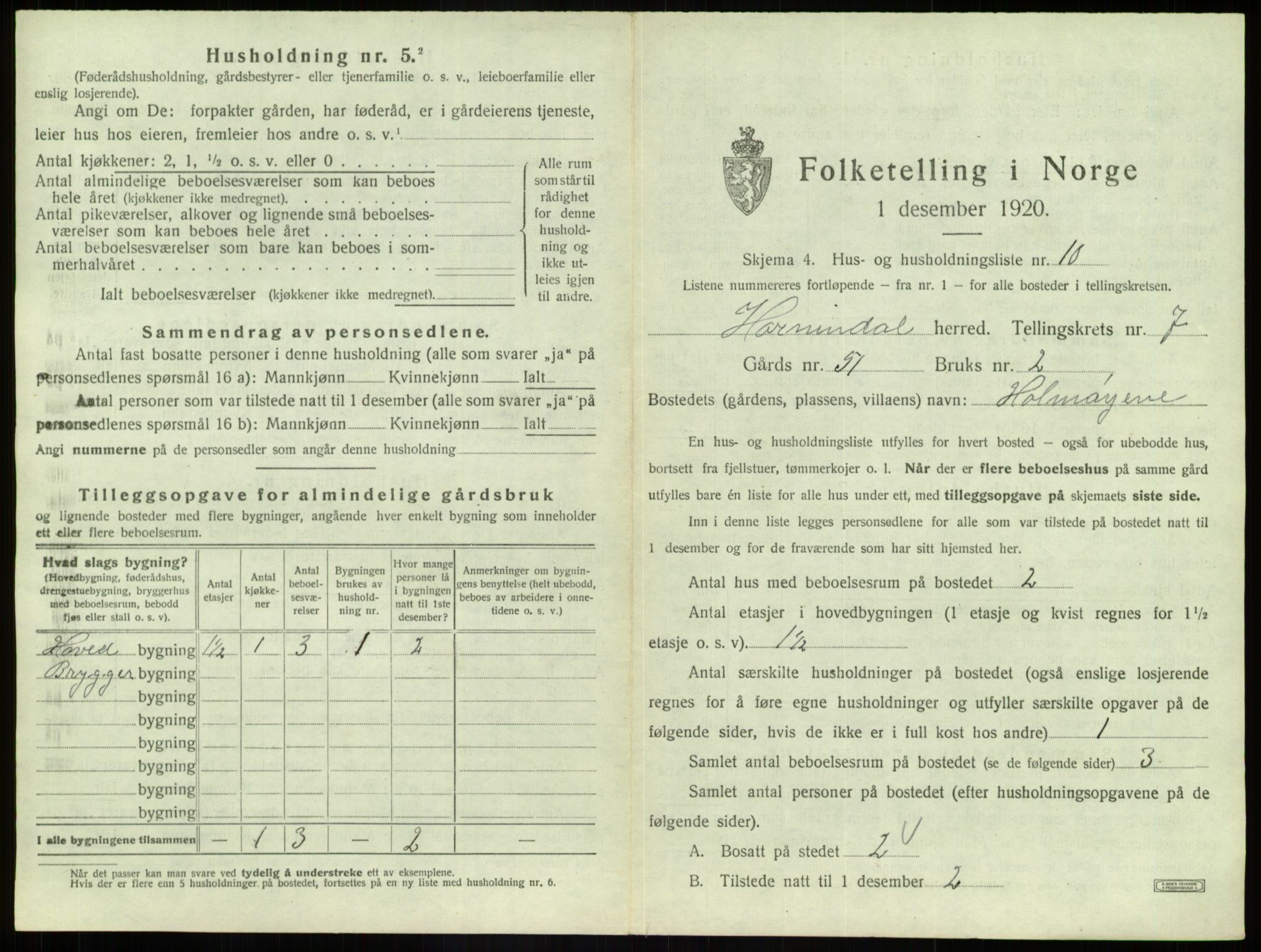 SAB, 1920 census for Hornindal, 1920, p. 491