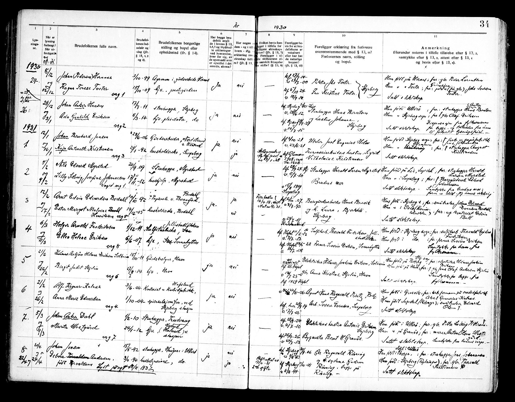 Skjeberg prestekontor Kirkebøker, SAO/A-10923/H/Ha/L0002: Banns register no. I 2, 1919-1957, p. 34