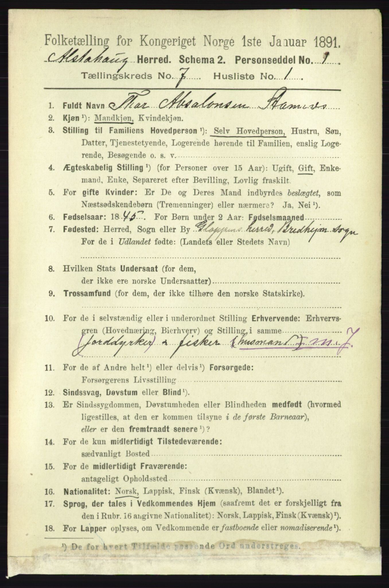 RA, 1891 census for 1820 Alstahaug, 1891, p. 2478