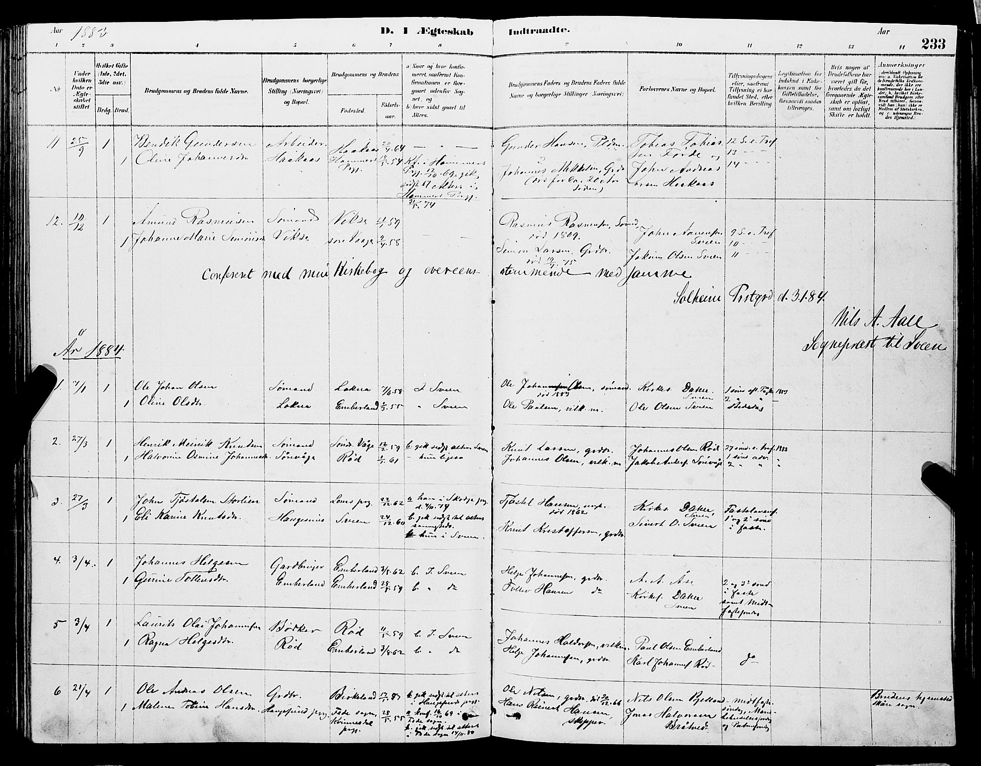 Sveio Sokneprestembete, SAB/A-78501/H/Hab: Parish register (copy) no. A 3, 1878-1896, p. 233
