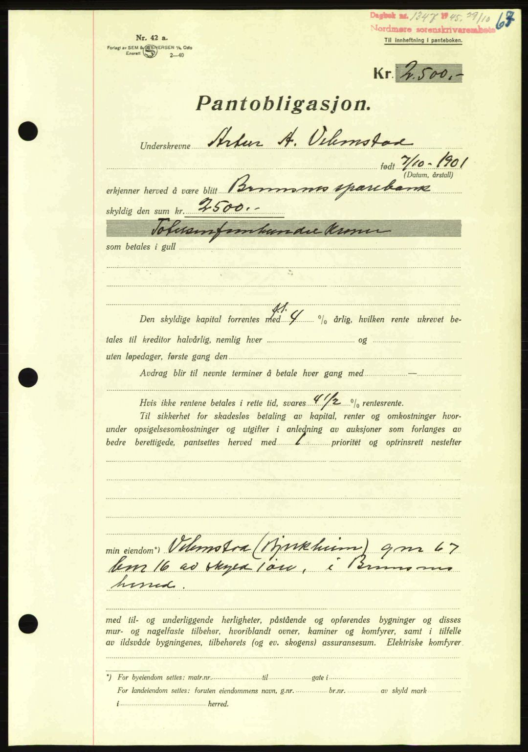 Nordmøre sorenskriveri, AV/SAT-A-4132/1/2/2Ca: Mortgage book no. B93a, 1945-1945, Diary no: : 1347/1945