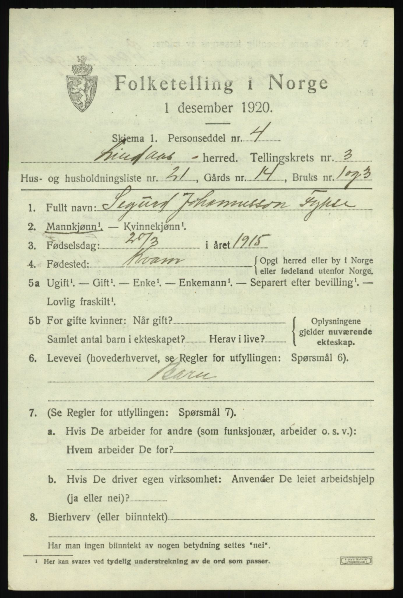 SAB, 1920 census for Lindås, 1920, p. 2237