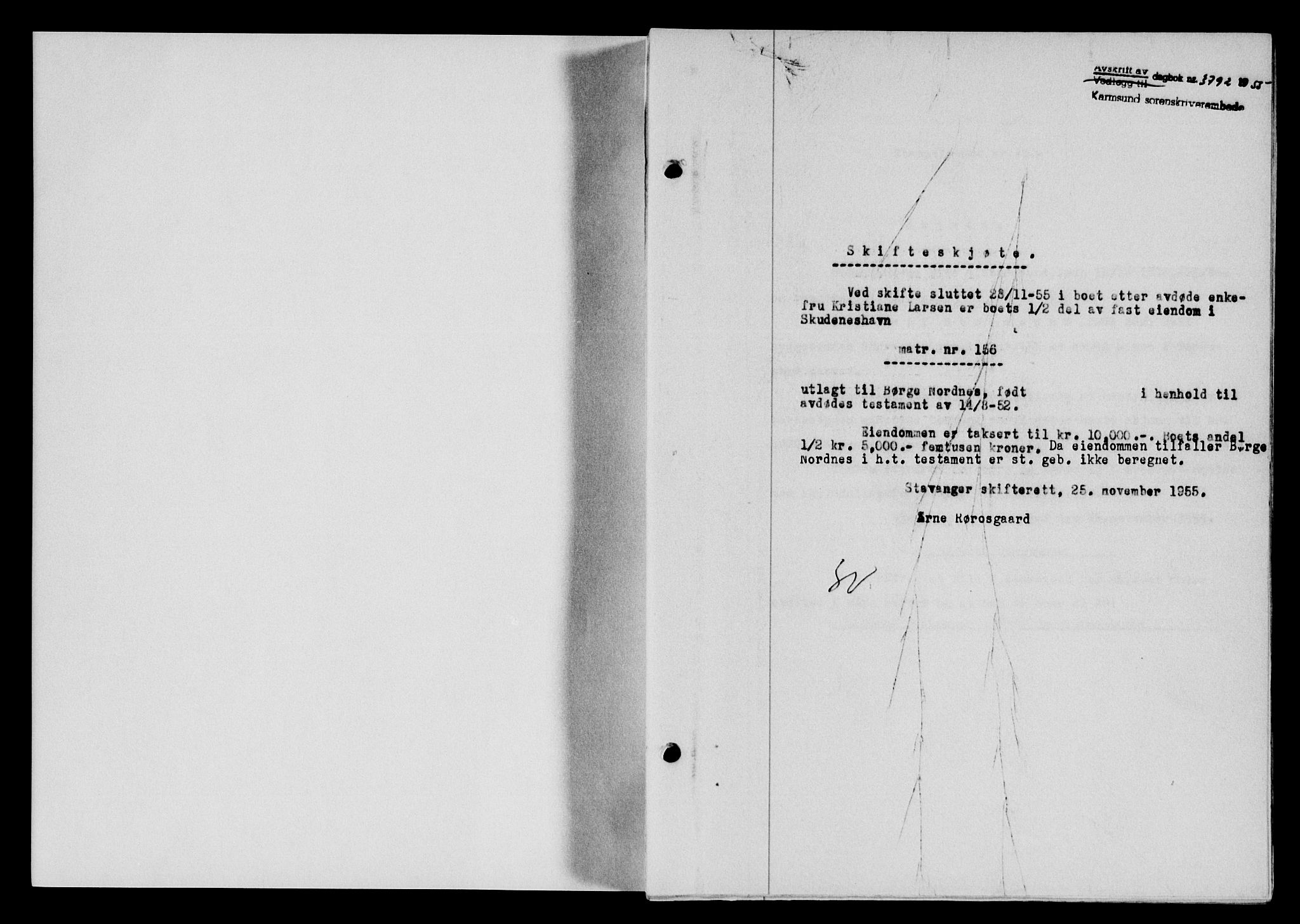 Karmsund sorenskriveri, SAST/A-100311/01/II/IIB/L0117: Mortgage book no. 97Aa, 1955-1955, Diary no: : 3792/1955