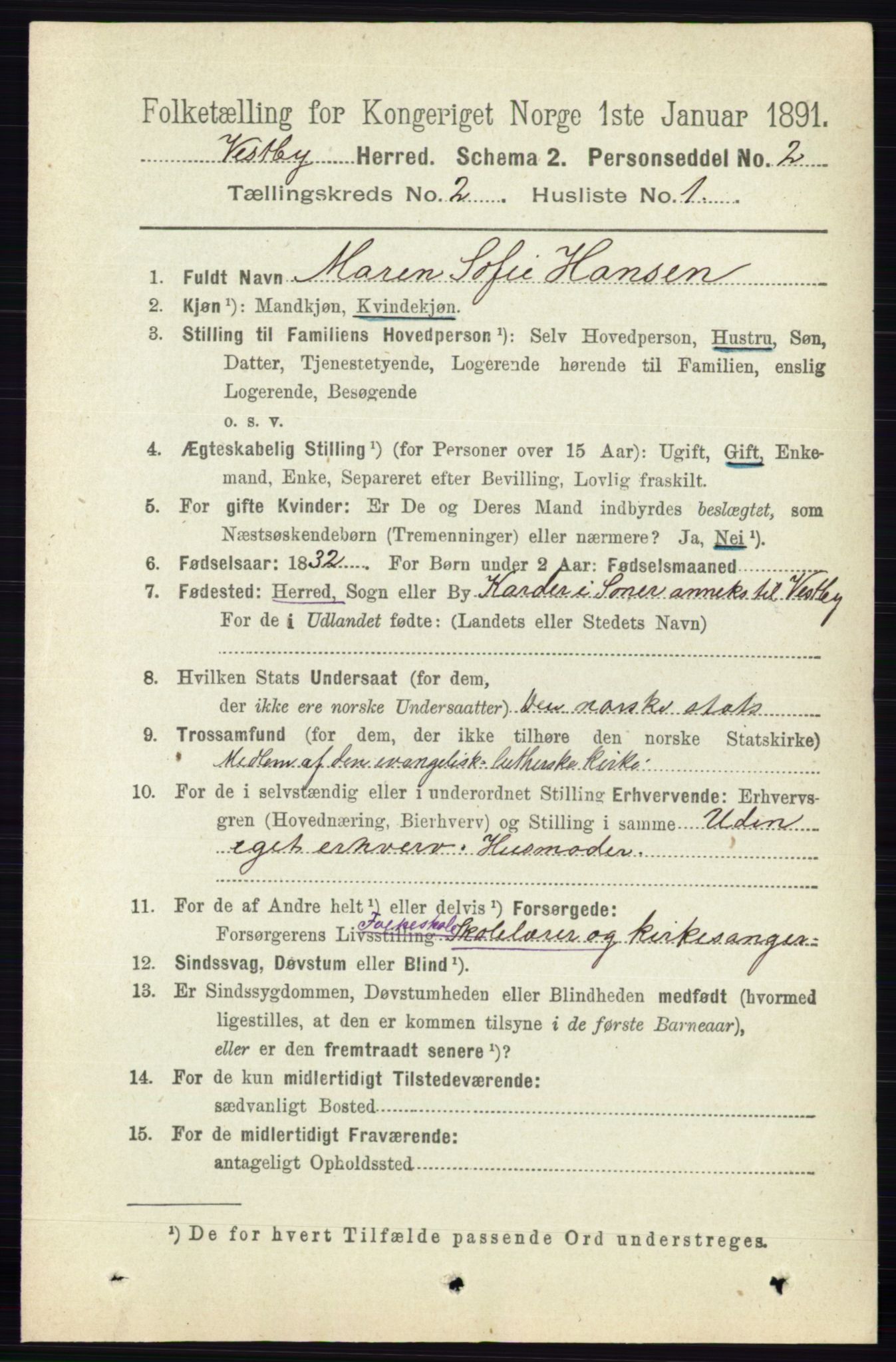 RA, 1891 census for 0211 Vestby, 1891, p. 435