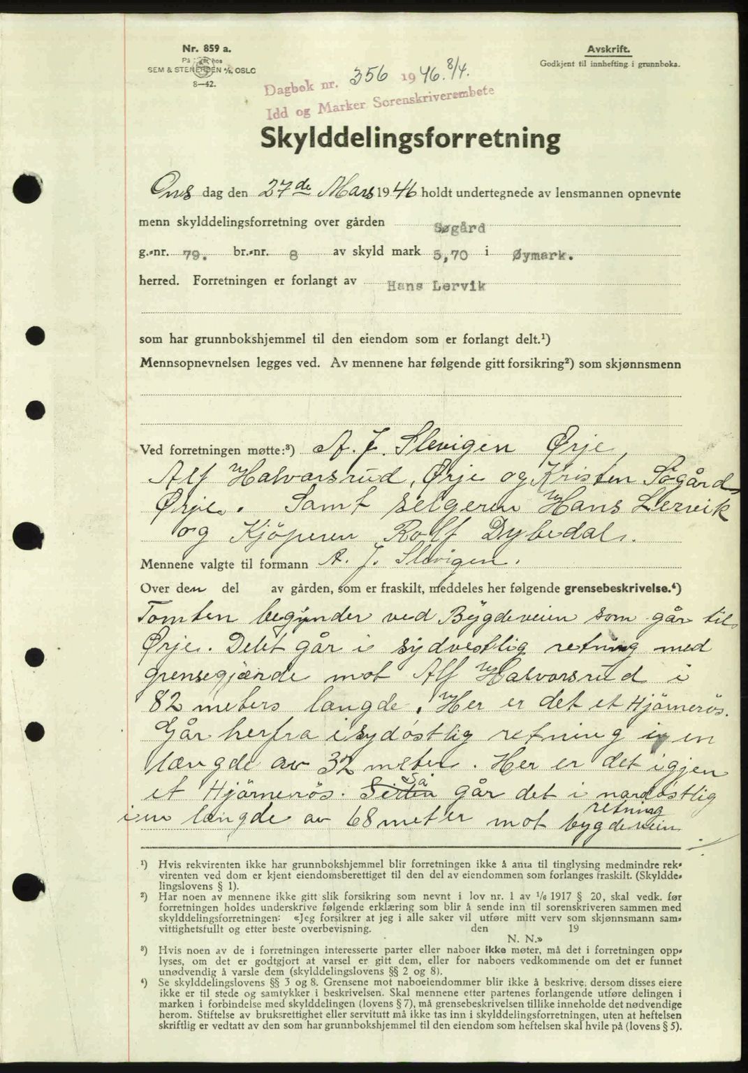 Idd og Marker sorenskriveri, AV/SAO-A-10283/G/Gb/Gbb/L0008: Mortgage book no. A8, 1946-1946, Diary no: : 356/1946