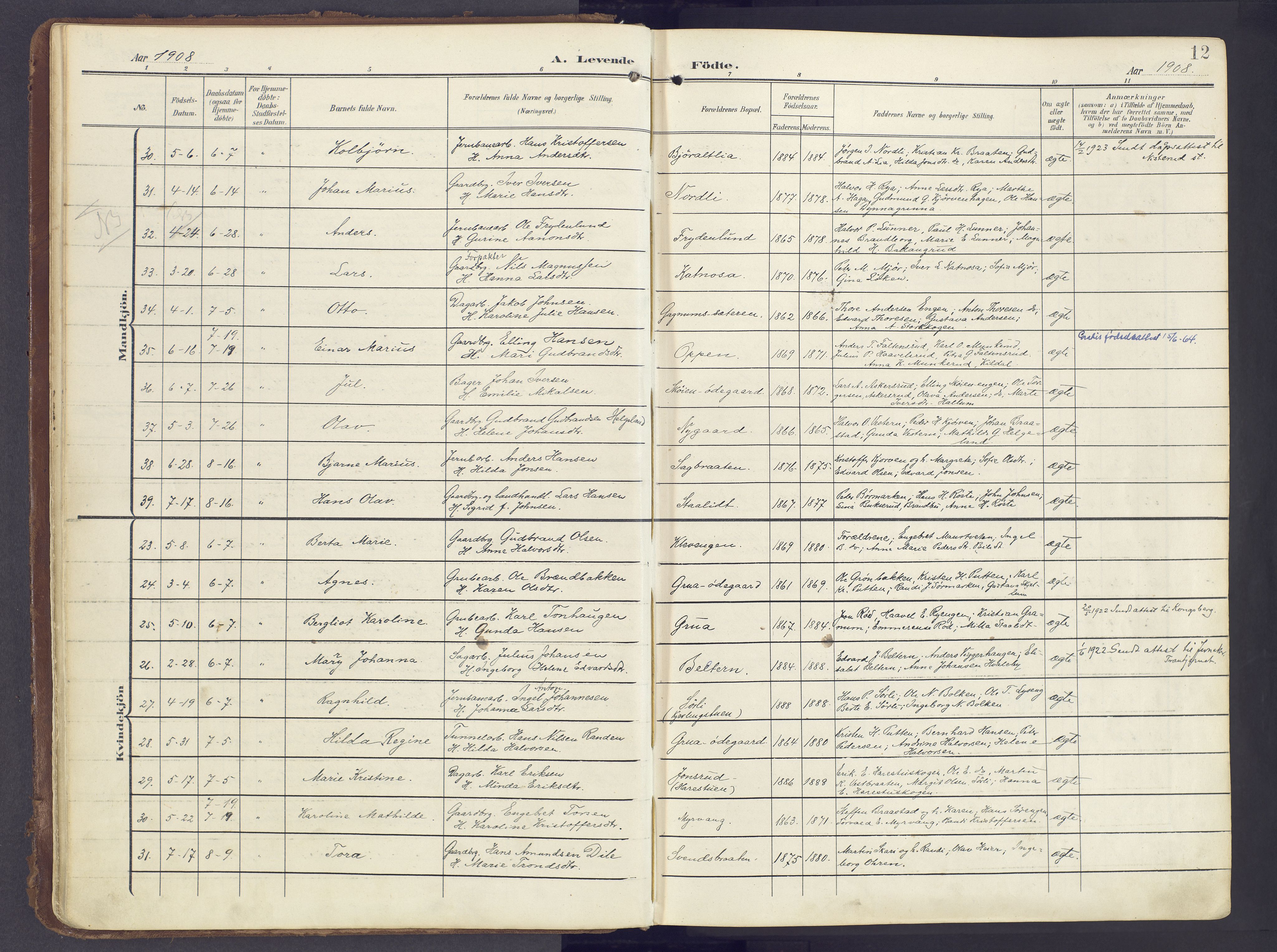 Lunner prestekontor, AV/SAH-PREST-118/H/Ha/Haa/L0001: Parish register (official) no. 1, 1907-1922, p. 12