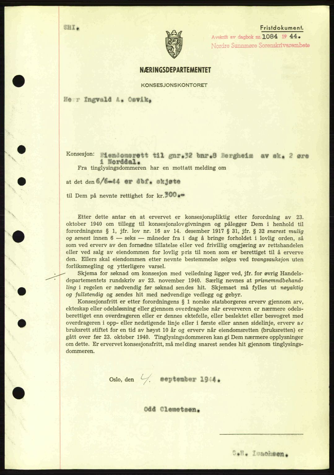 Nordre Sunnmøre sorenskriveri, SAT/A-0006/1/2/2C/2Ca: Mortgage book no. B6-14 a, 1942-1945, Diary no: : 1084/1944