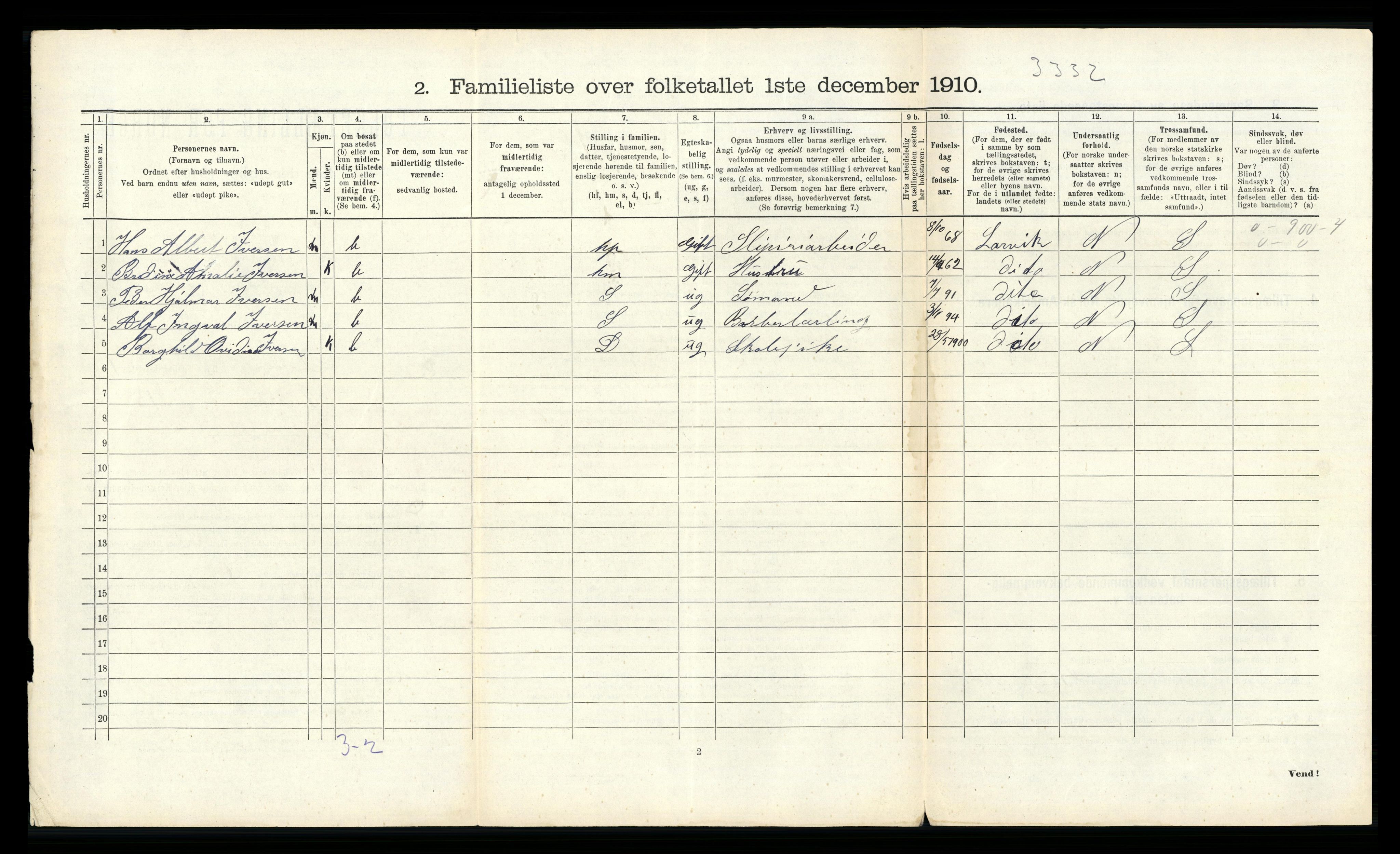 RA, 1910 census for Larvik, 1910, p. 490