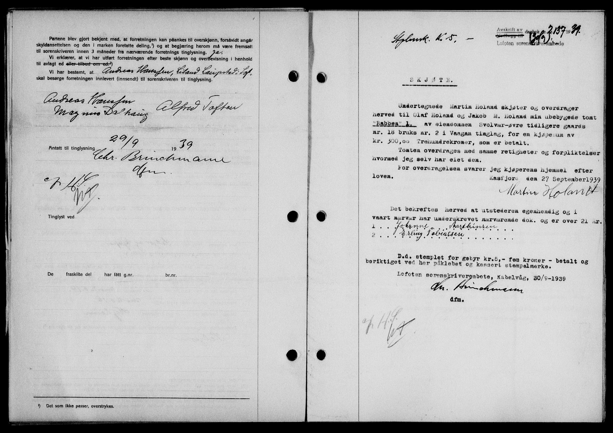 Lofoten sorenskriveri, SAT/A-0017/1/2/2C/L0006a: Mortgage book no. 6a, 1939-1939, Diary no: : 2137/1939