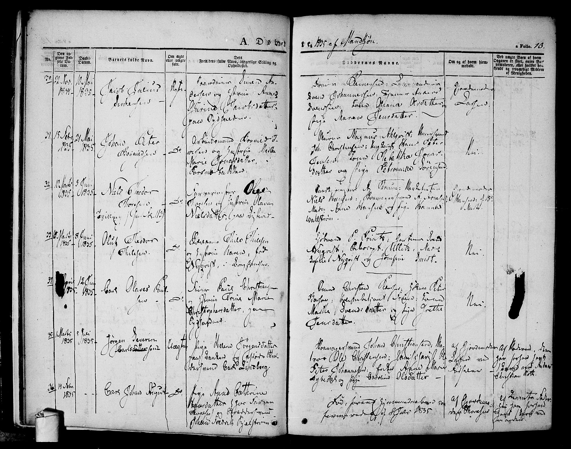 Halden prestekontor Kirkebøker, AV/SAO-A-10909/F/Fa/L0005: Parish register (official) no. I 5, 1834-1845, p. 13