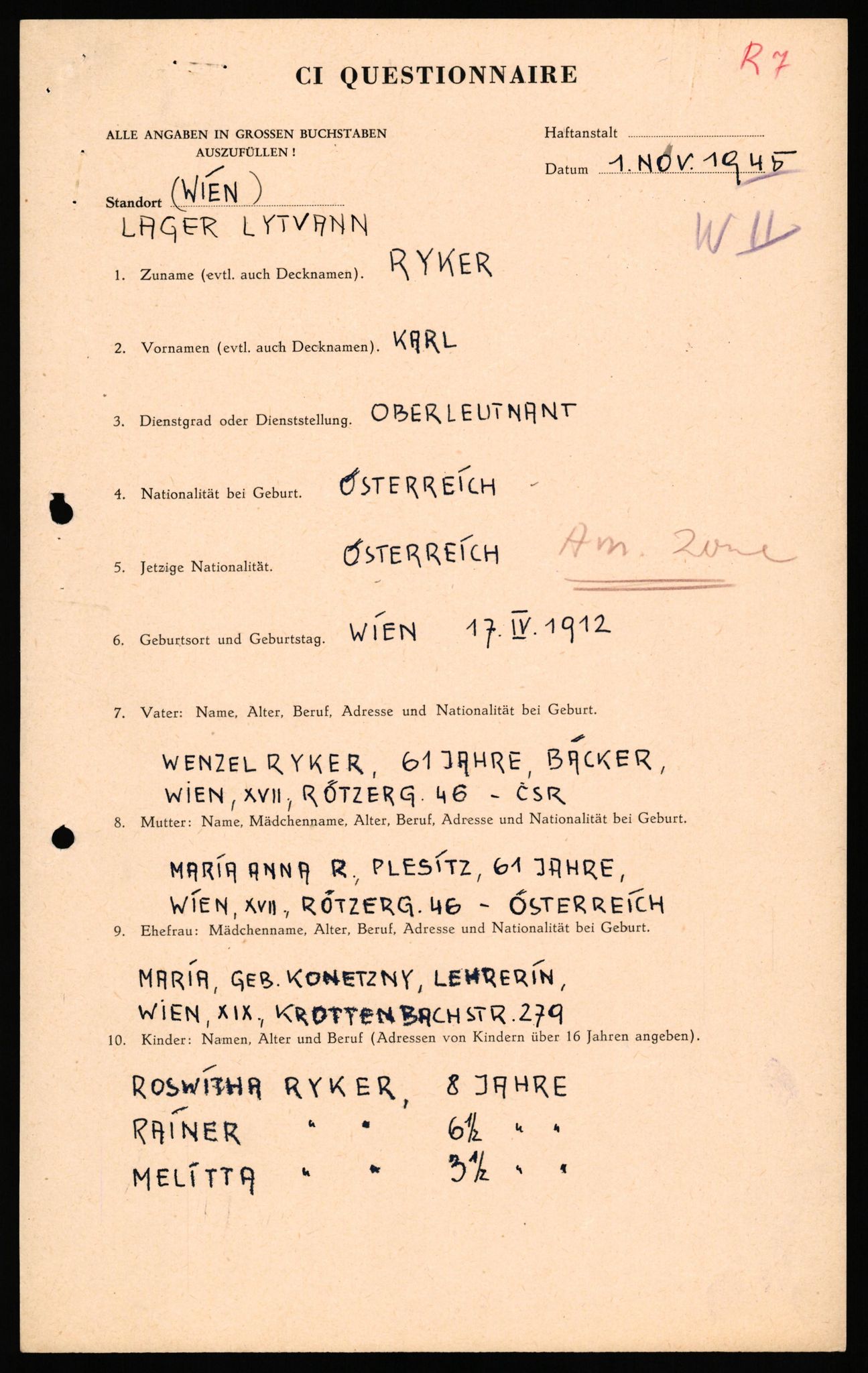 Forsvaret, Forsvarets overkommando II, AV/RA-RAFA-3915/D/Db/L0040: CI Questionaires. Tyske okkupasjonsstyrker i Norge. Østerrikere., 1945-1946, p. 135