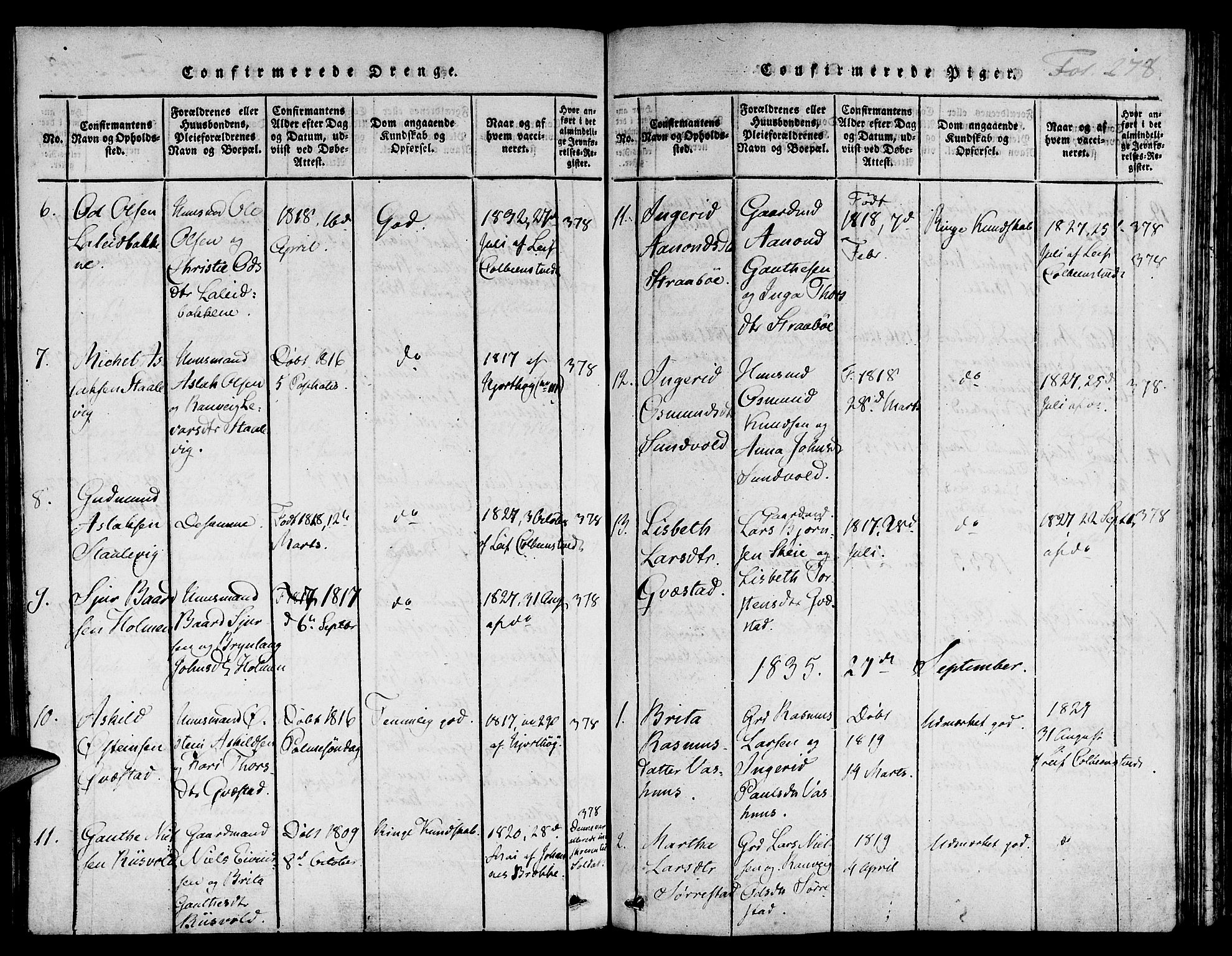 Suldal sokneprestkontor, AV/SAST-A-101845/01/IV/L0006: Parish register (official) no. A 6, 1816-1836, p. 278