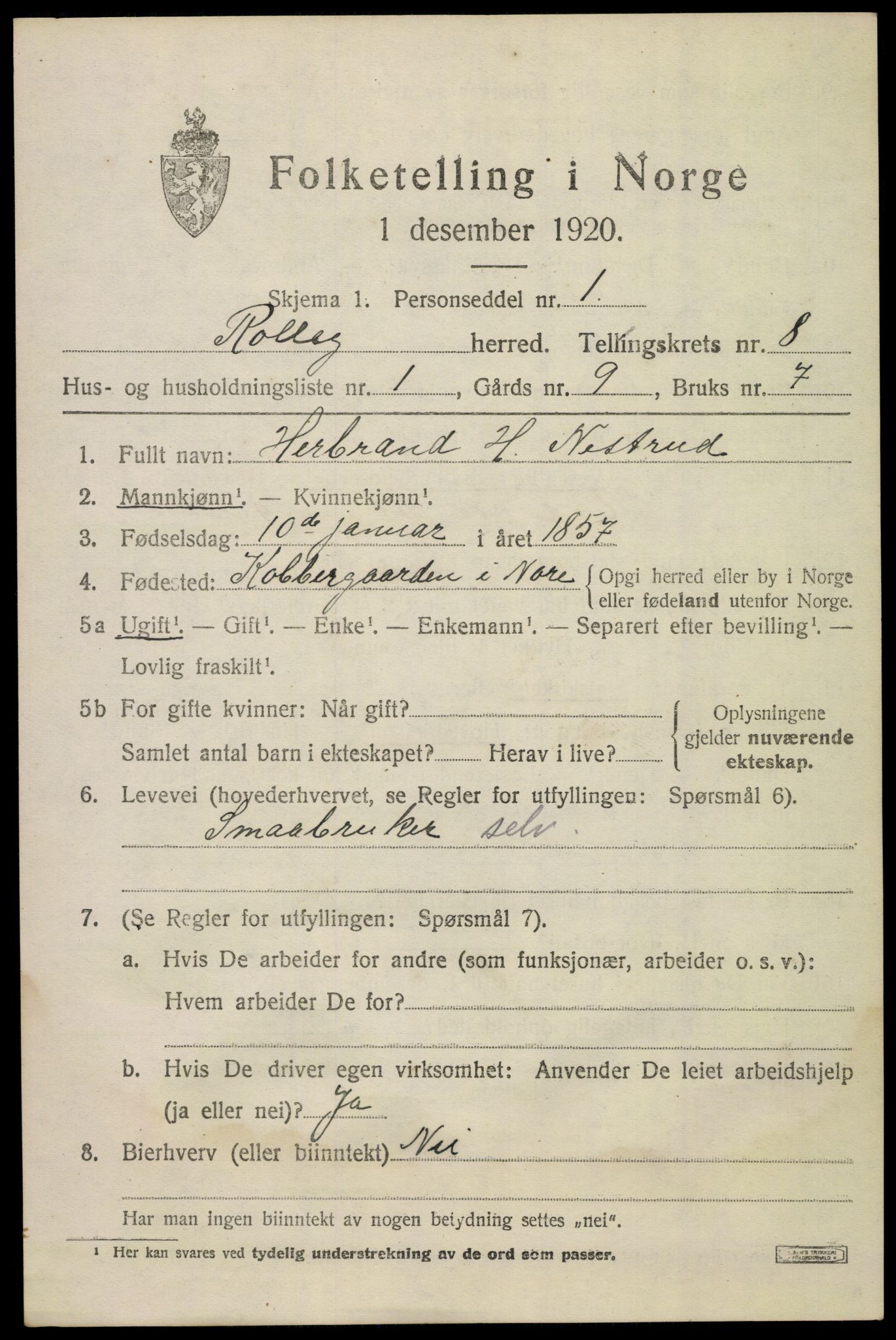 SAKO, 1920 census for Rollag, 1920, p. 2952