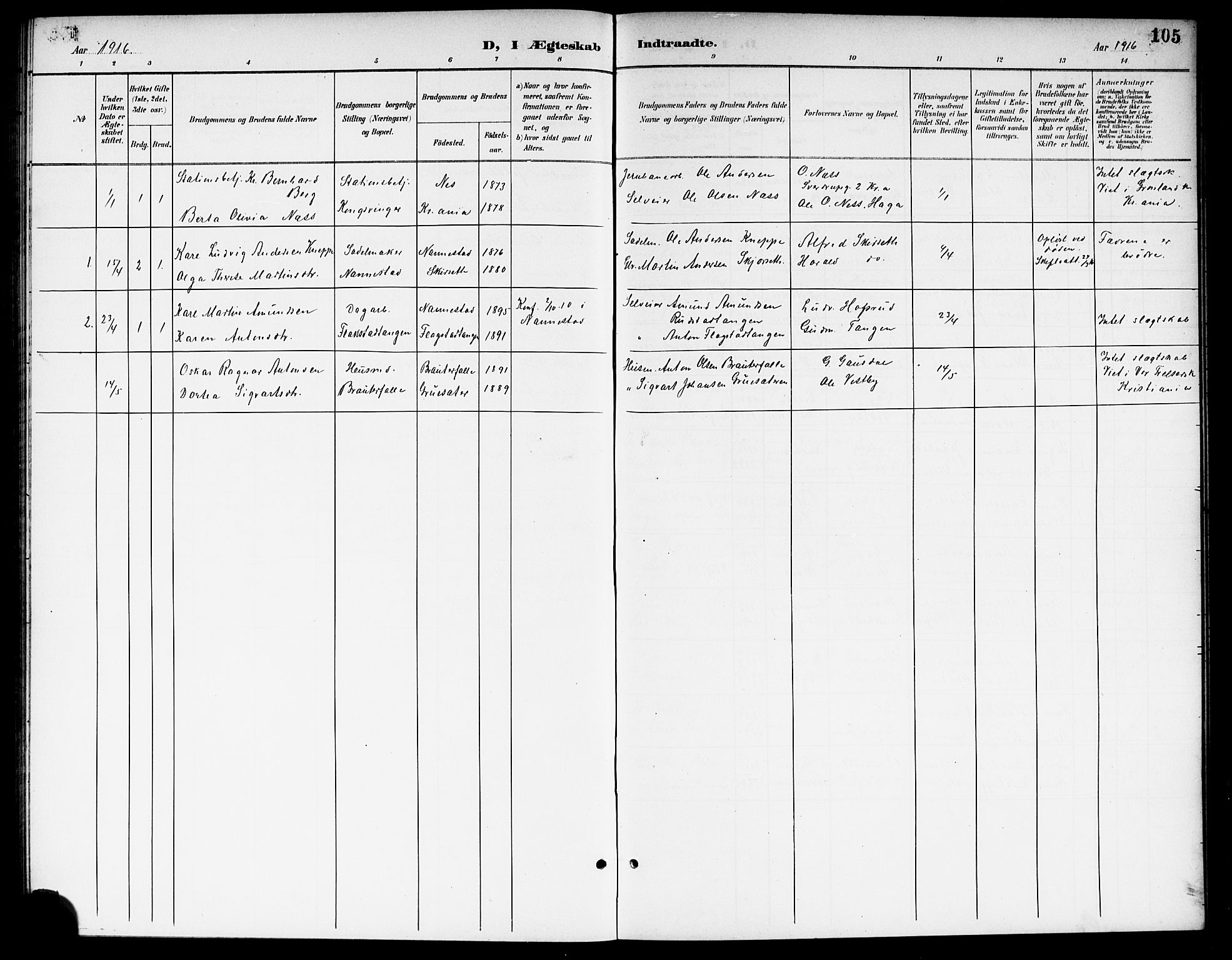 Nes prestekontor Kirkebøker, AV/SAO-A-10410/G/Gb/L0001: Parish register (copy) no. II 1, 1901-1917, p. 105