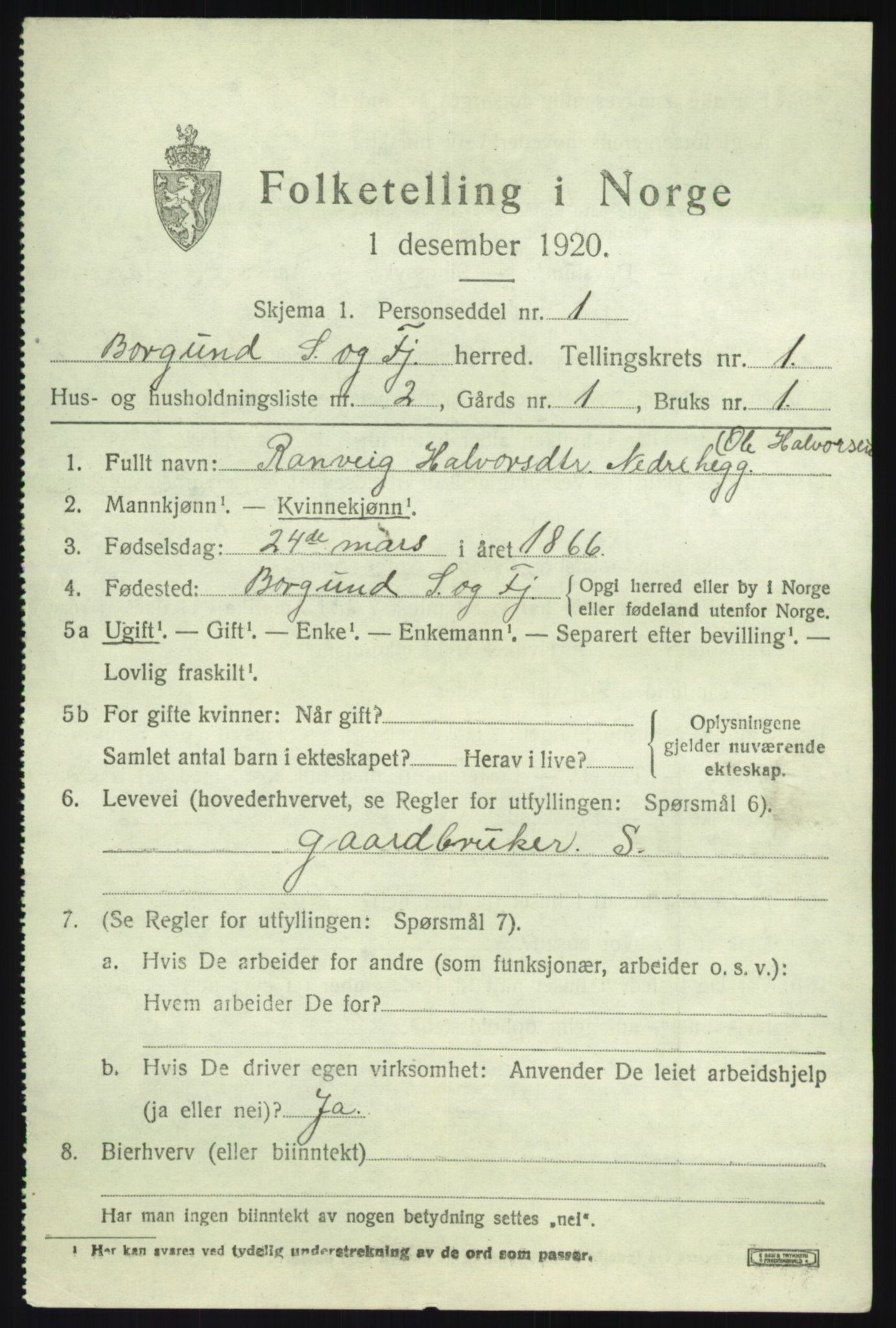 SAB, 1920 census for Borgund, 1920, p. 256