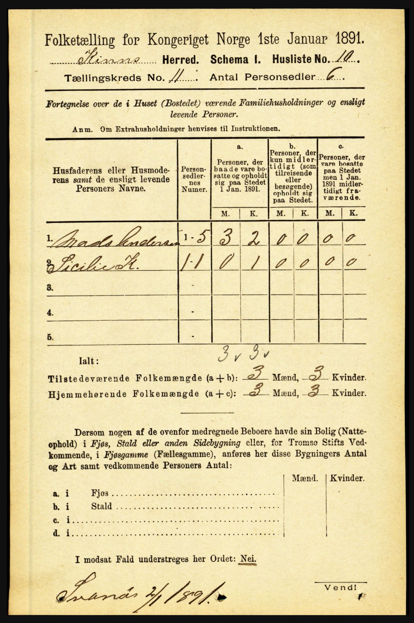 RA, 1891 census for 1437 Kinn, 1891, p. 3997