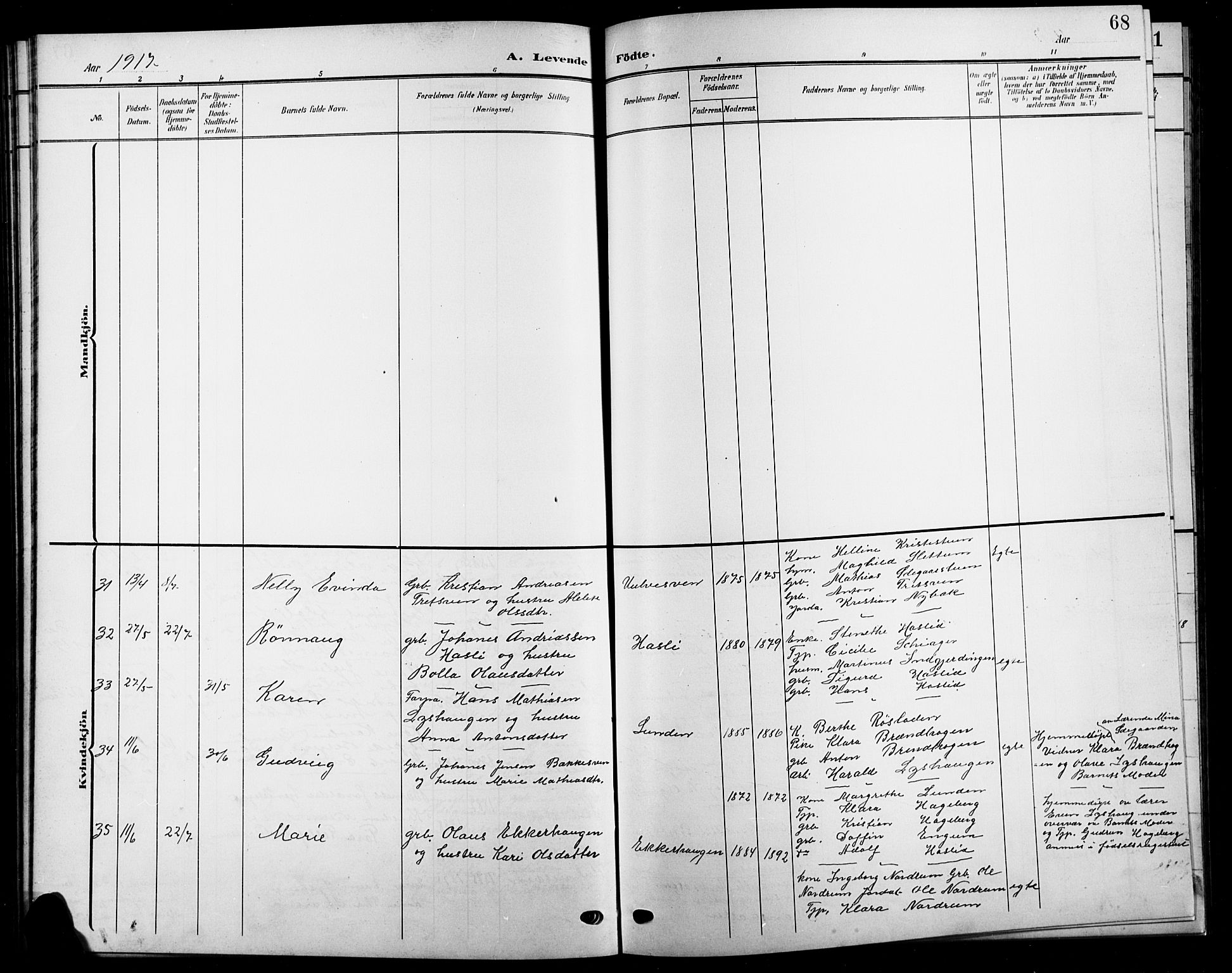 Biri prestekontor, SAH/PREST-096/H/Ha/Hab/L0005: Parish register (copy) no. 5, 1906-1919, p. 68