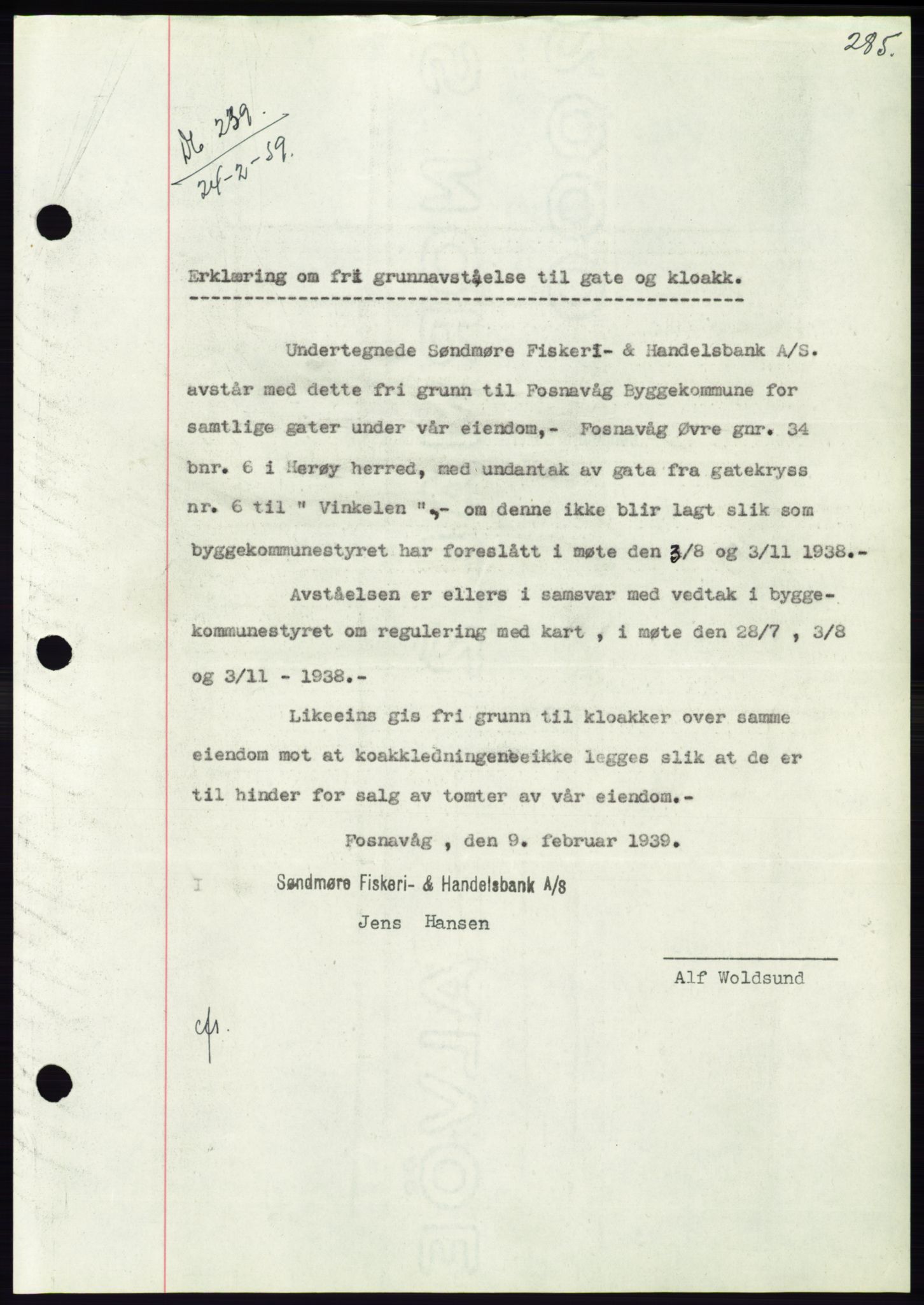 Søre Sunnmøre sorenskriveri, AV/SAT-A-4122/1/2/2C/L0067: Mortgage book no. 61, 1938-1939, Diary no: : 239/1939