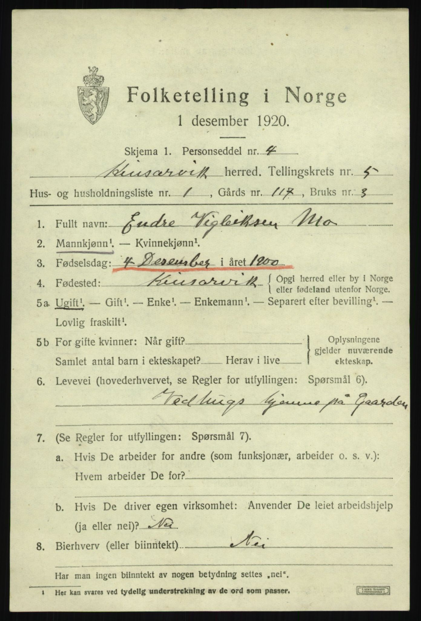 SAB, 1920 census for Kinsarvik, 1920, p. 2612