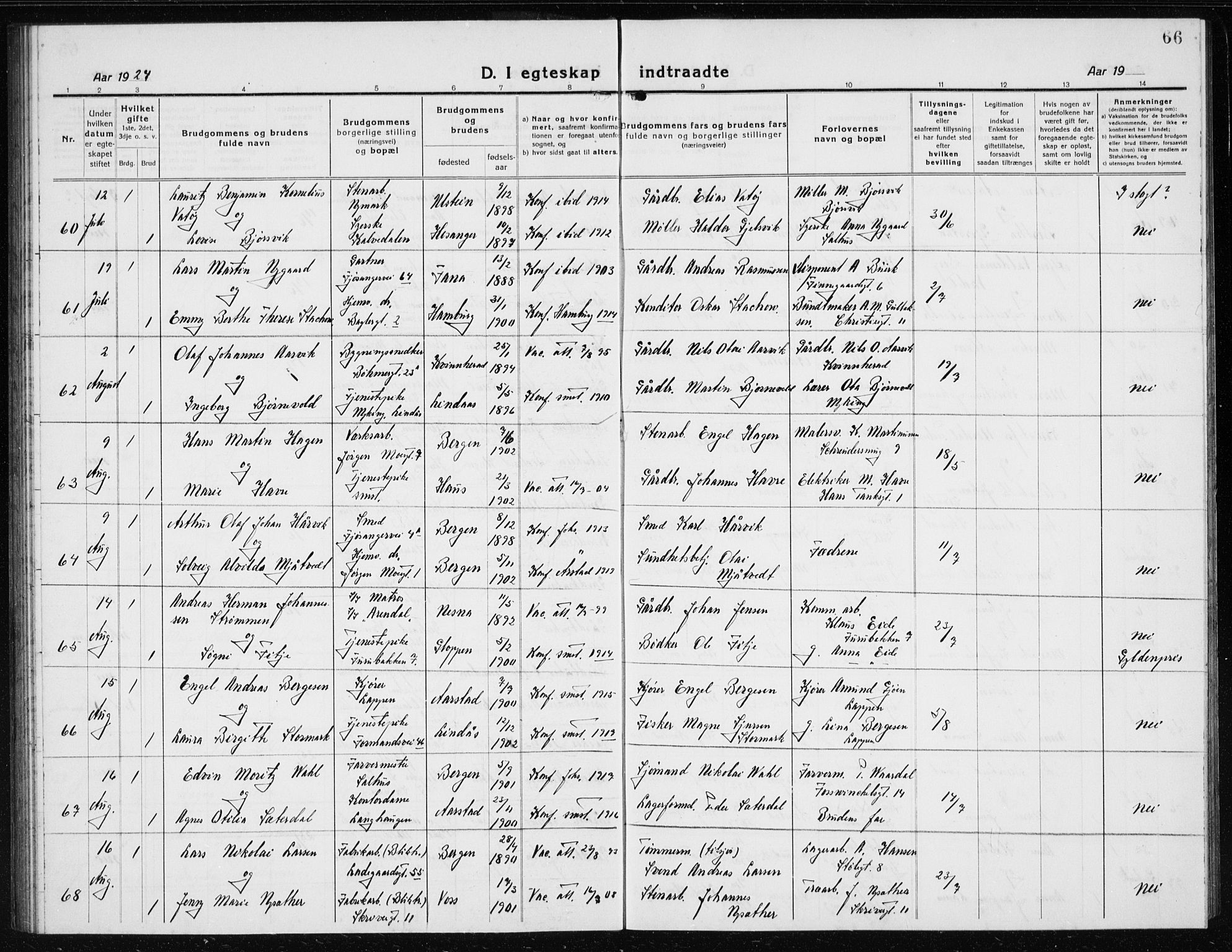 Årstad Sokneprestembete, AV/SAB-A-79301/H/Hab/L0020: Parish register (copy) no. C  2, 1920-1935, p. 66