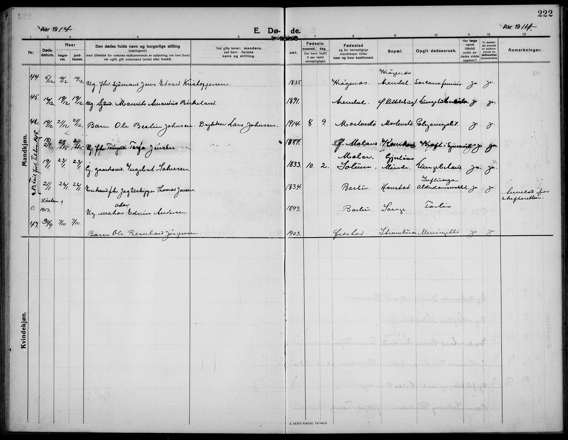 Barbu sokneprestkontor, AV/SAK-1111-0003/F/Fb/L0004: Parish register (copy) no. B 4, 1911-1936, p. 222