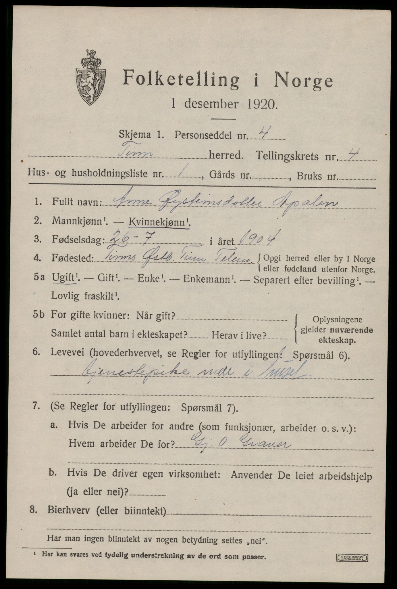 SAKO, 1920 census for Tinn, 1920, p. 3812