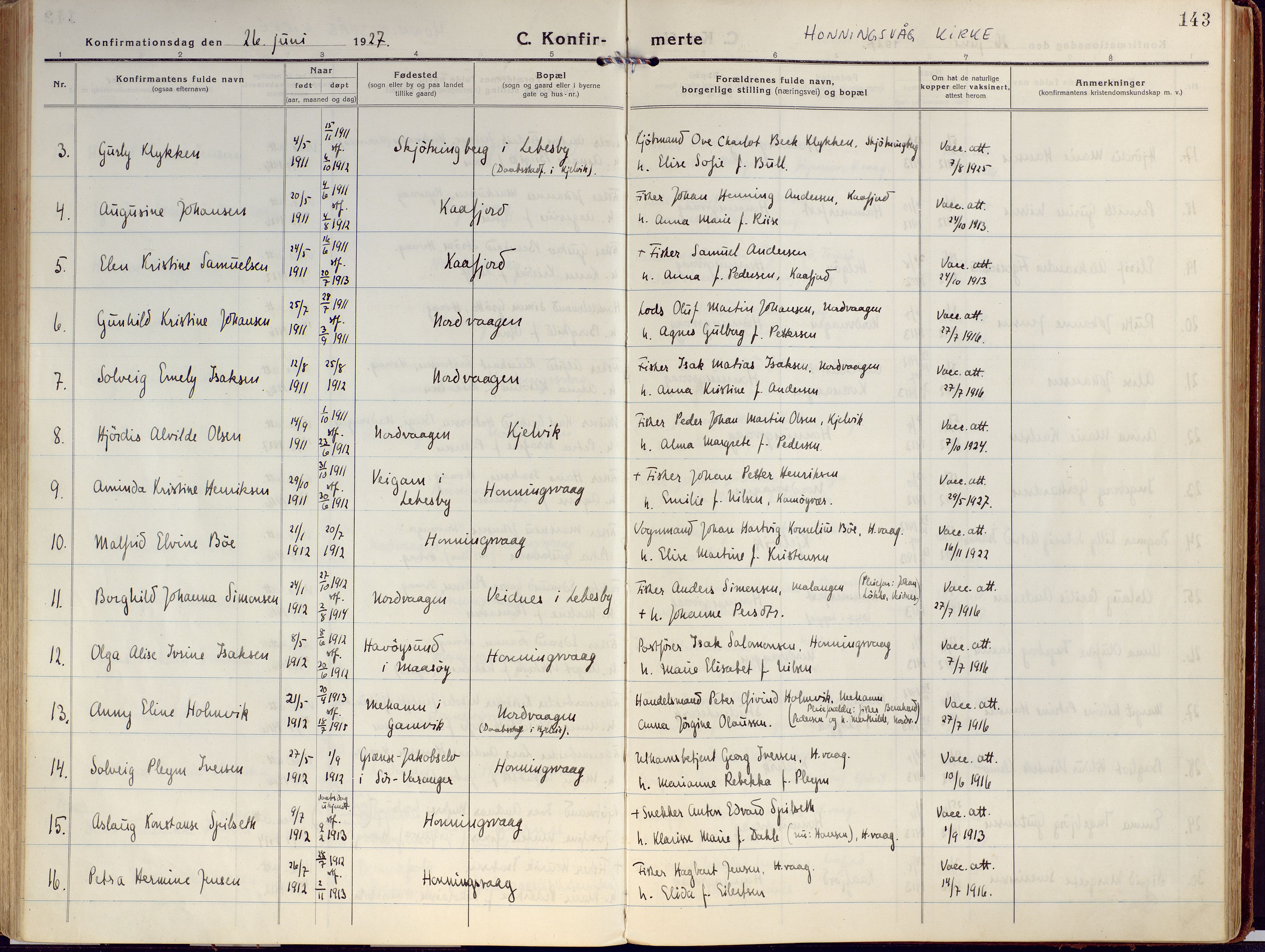 Kjelvik/Nordkapp sokneprestkontor, AV/SATØ-S-1350/H/Ha/L0002kirke: Parish register (official) no. 2, 1920-1929, p. 143