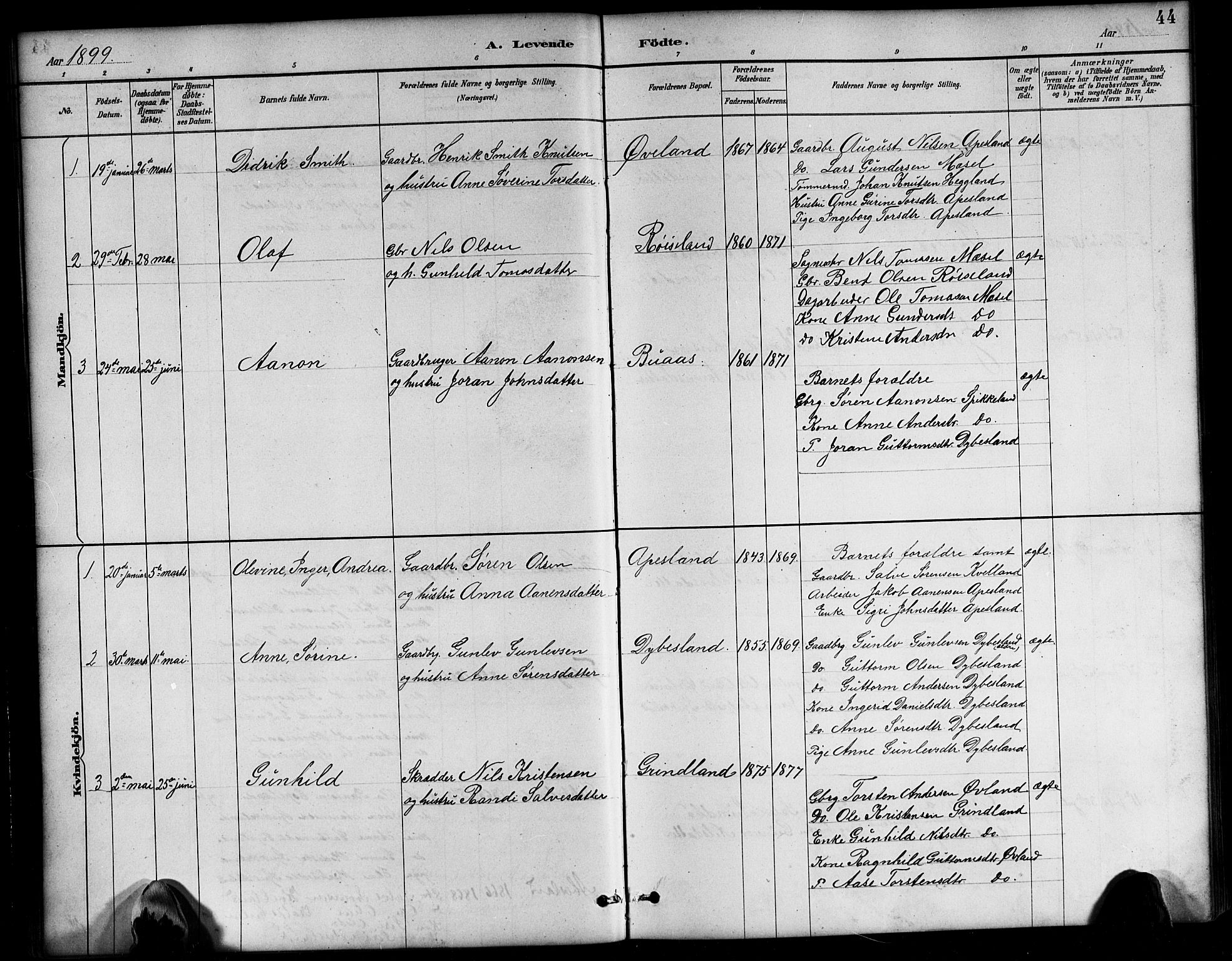 Bjelland sokneprestkontor, SAK/1111-0005/F/Fb/Fbb/L0005: Parish register (copy) no. B 5, 1887-1918, p. 44