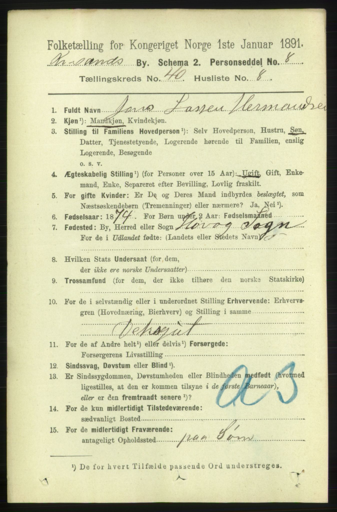 RA, 1891 census for 1001 Kristiansand, 1891, p. 12474