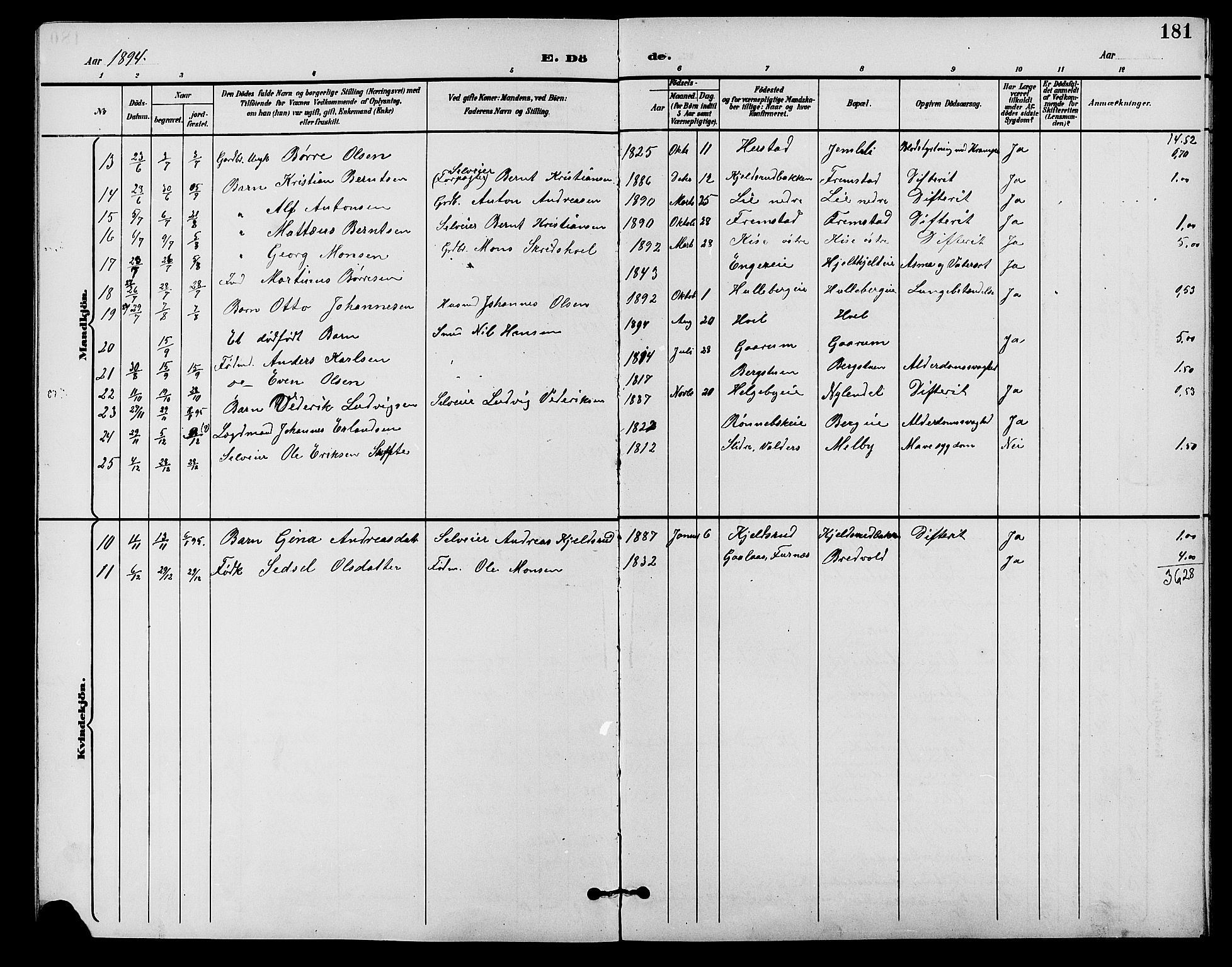 Nes prestekontor, Hedmark, AV/SAH-PREST-020/L/La/L0007: Parish register (copy) no. 7, 1892-1912, p. 181