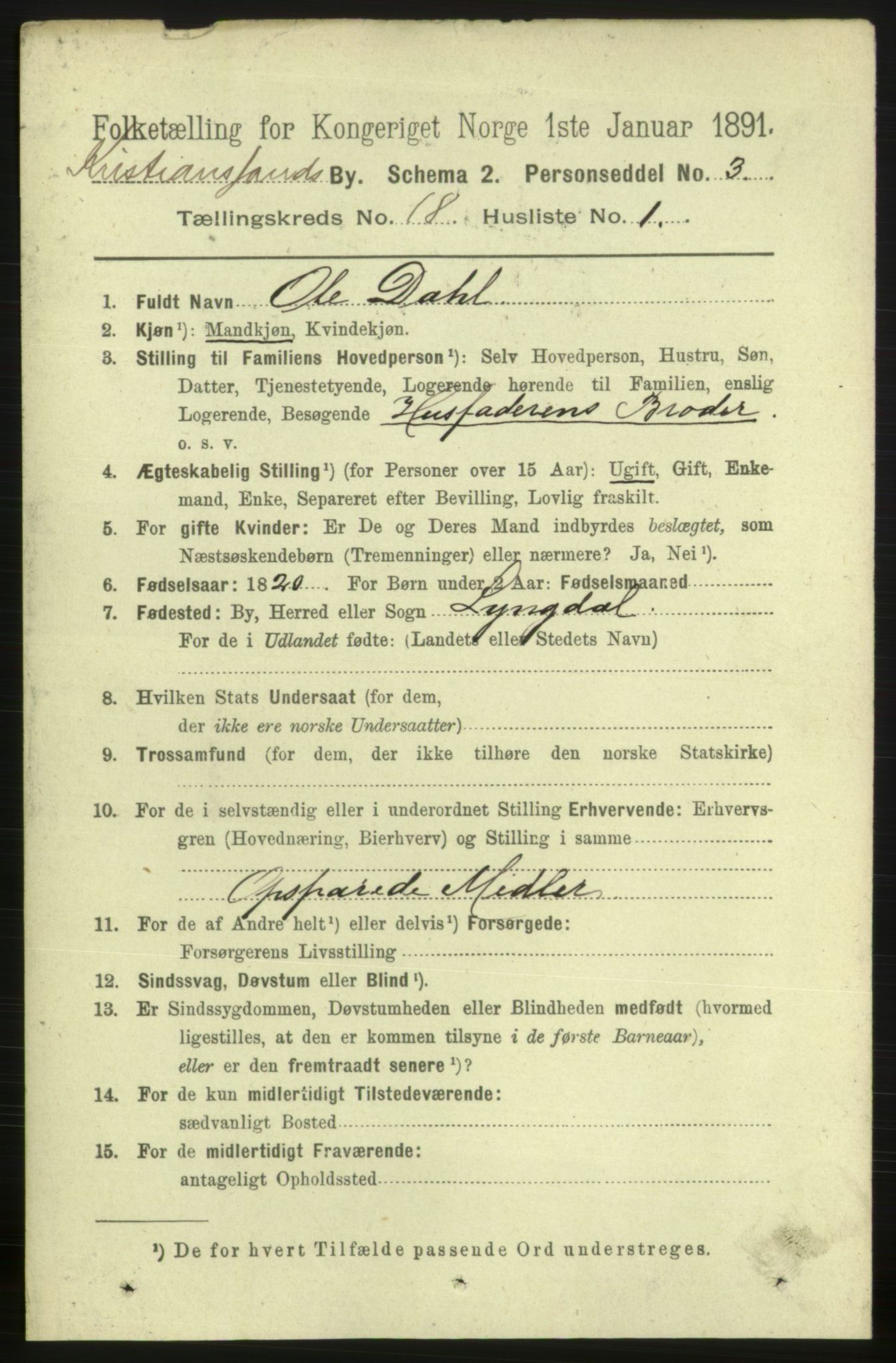 RA, 1891 census for 1001 Kristiansand, 1891, p. 7198