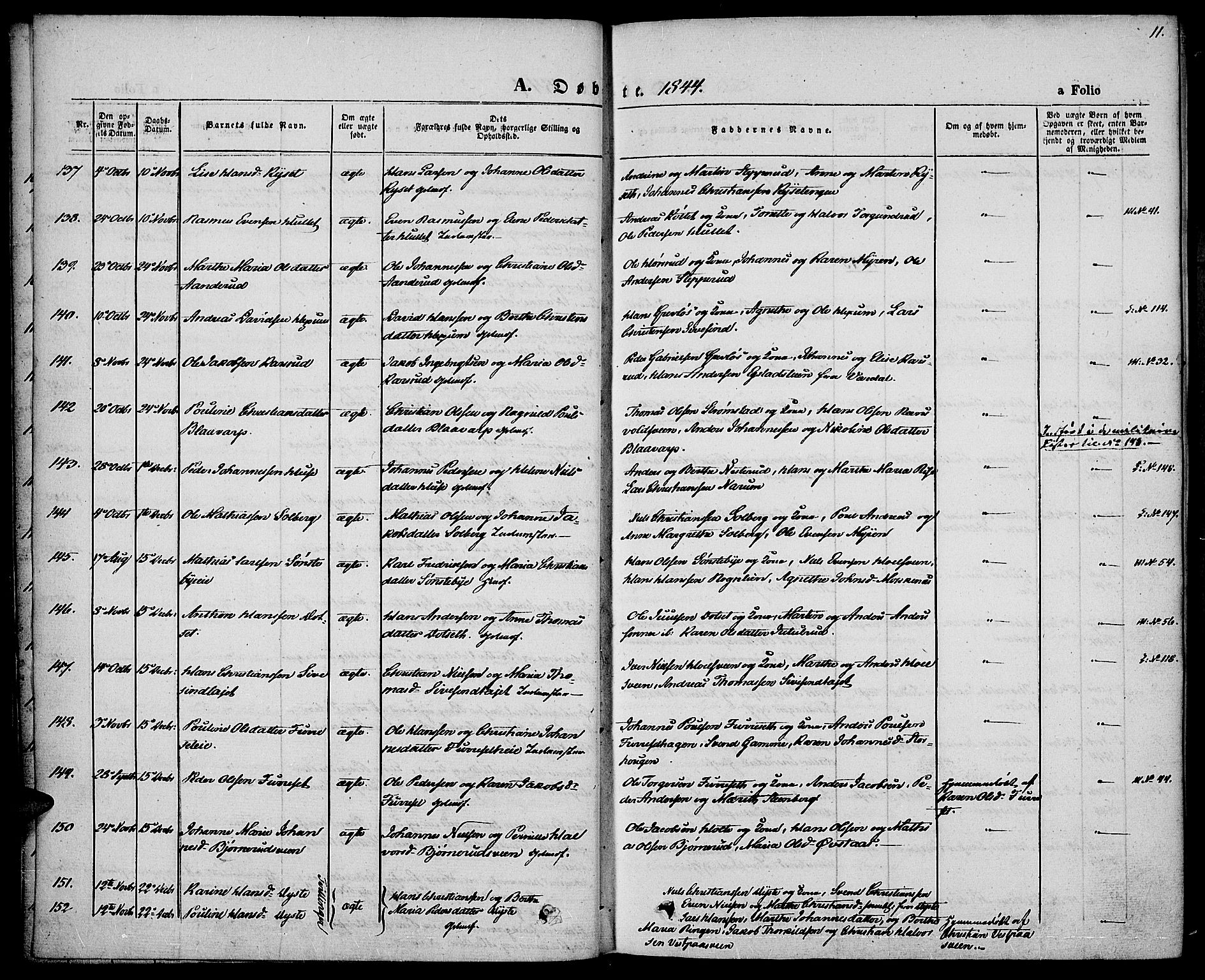 Vestre Toten prestekontor, SAH/PREST-108/H/Ha/Haa/L0004: Parish register (official) no. 4, 1844-1849, p. 11