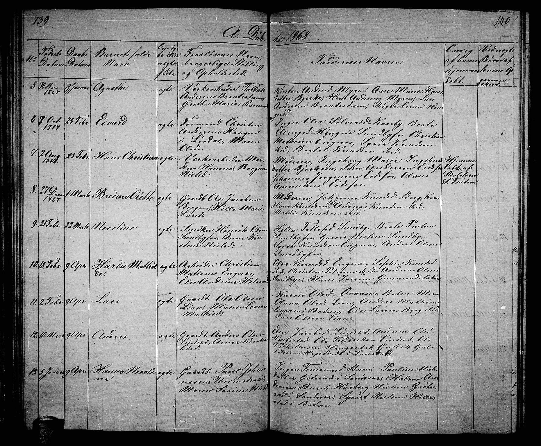 Hof kirkebøker, AV/SAKO-A-64/G/Ga/L0002: Parish register (copy) no. I 2, 1859-1873, p. 139-140