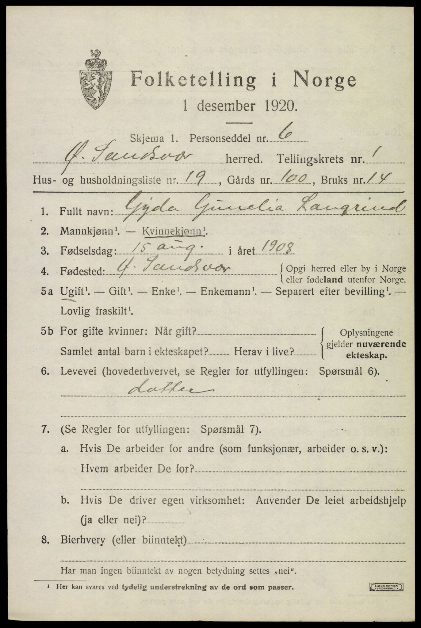 SAKO, 1920 census for Øvre Sandsvær, 1920, p. 1182